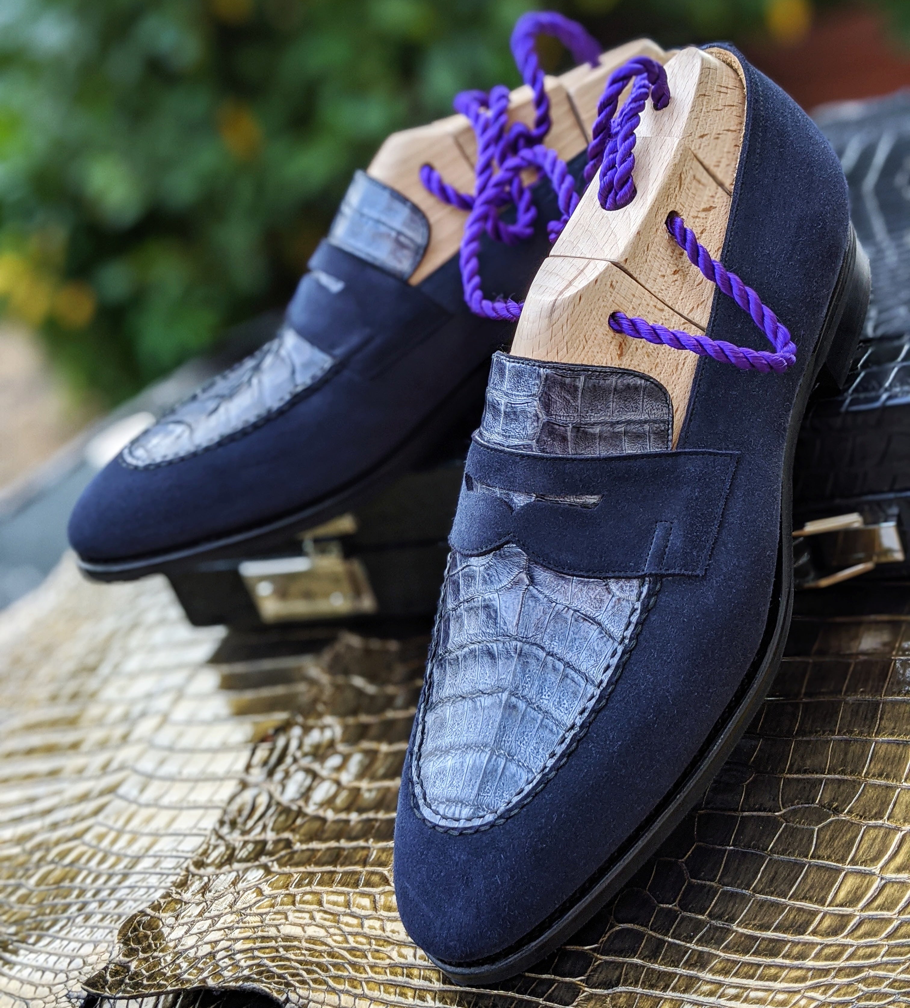 Ascot Sinatra - Navy Suede & Blue Caiman Crocodile - Ascot Shoes