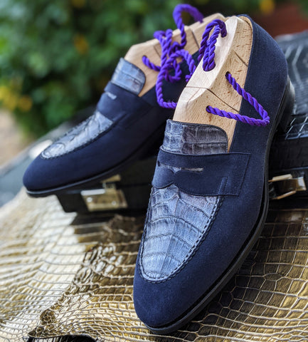 Ascot Sinatra - Navy Suede & Navy Caiman Crocodile