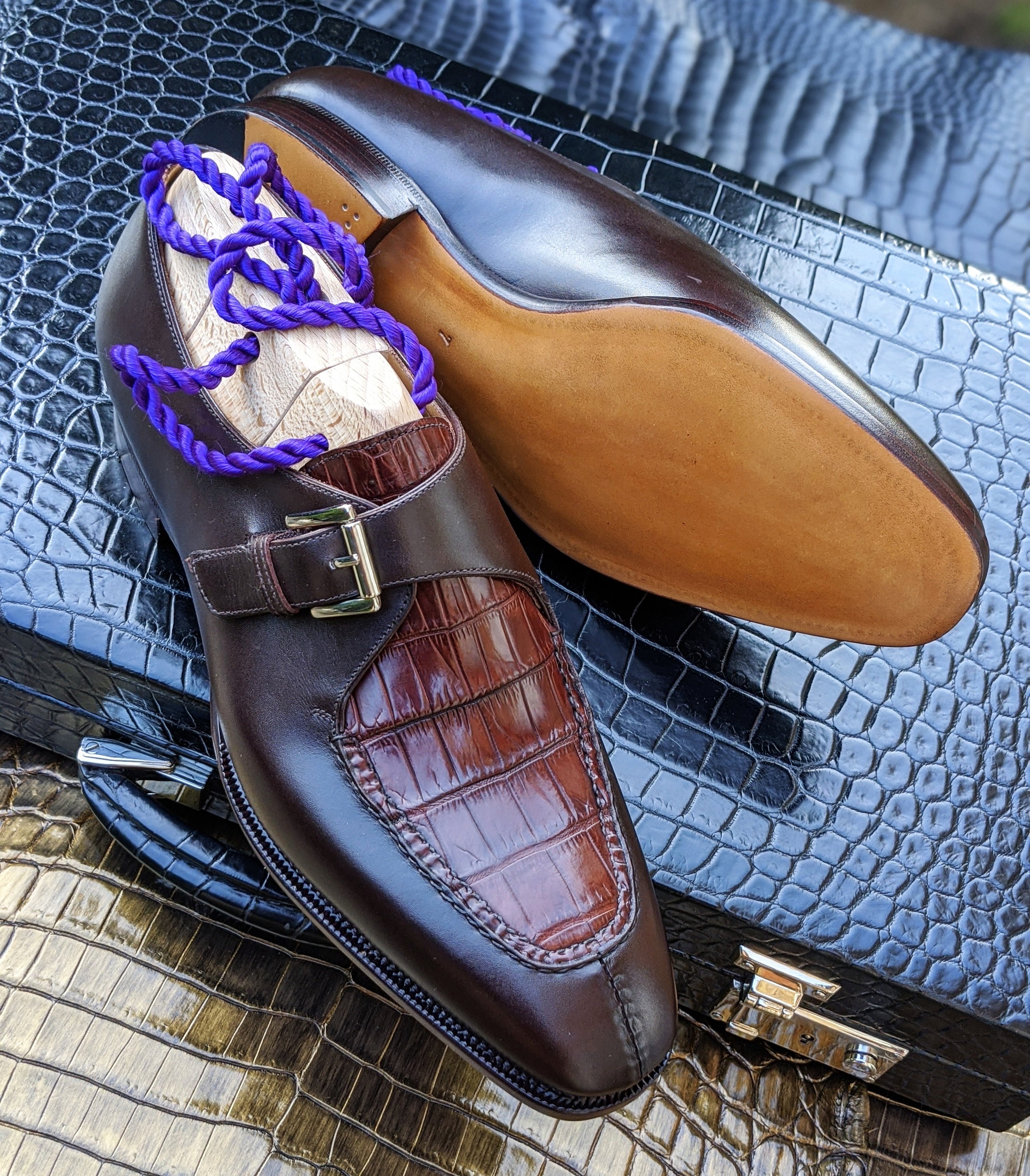 Ascot Andre - Bordeaux Crocodile & Middle Brown Calf - Ascot Shoes