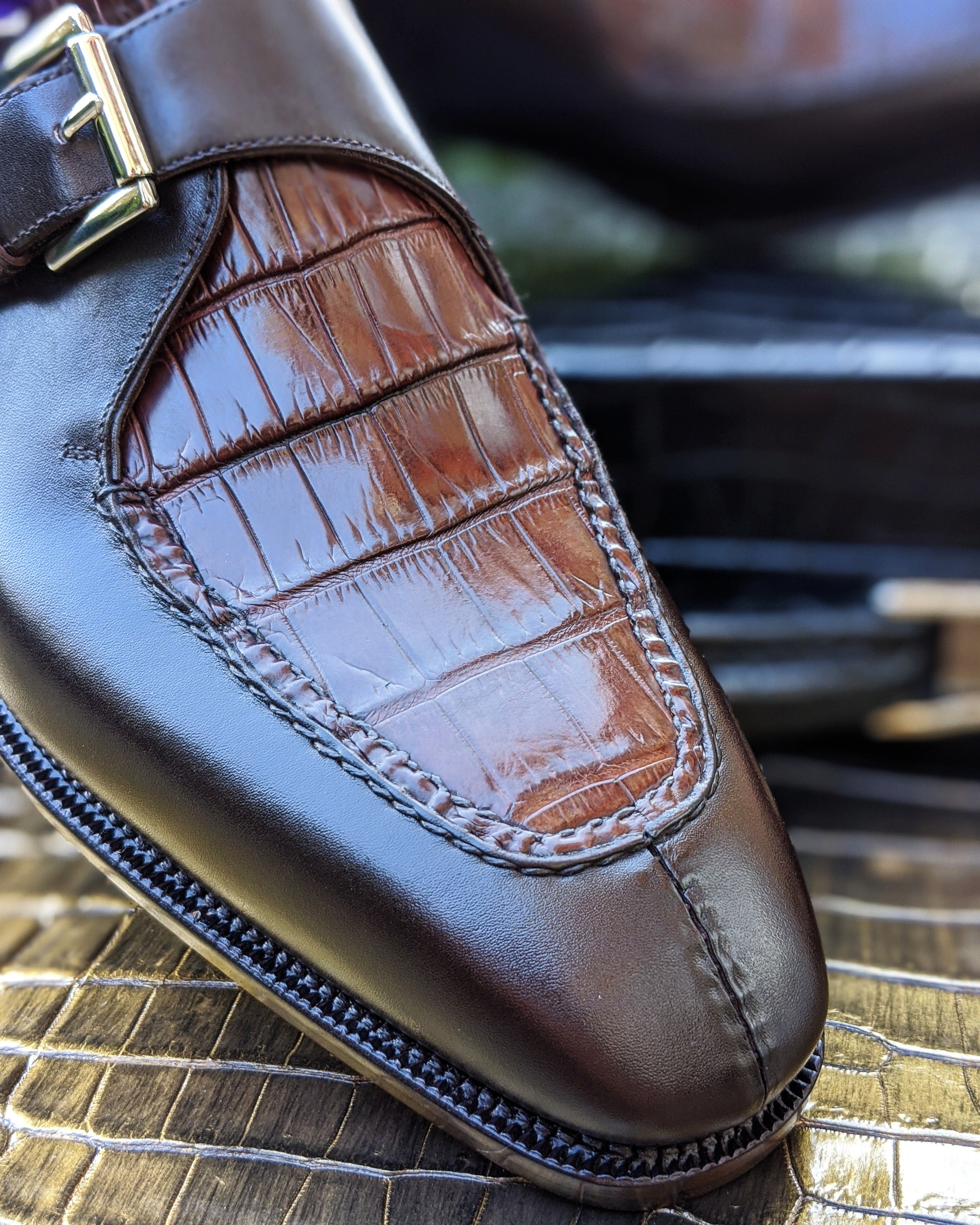 Ascot Andre - Bordeaux Crocodile & Middle Brown Calf - Ascot Shoes