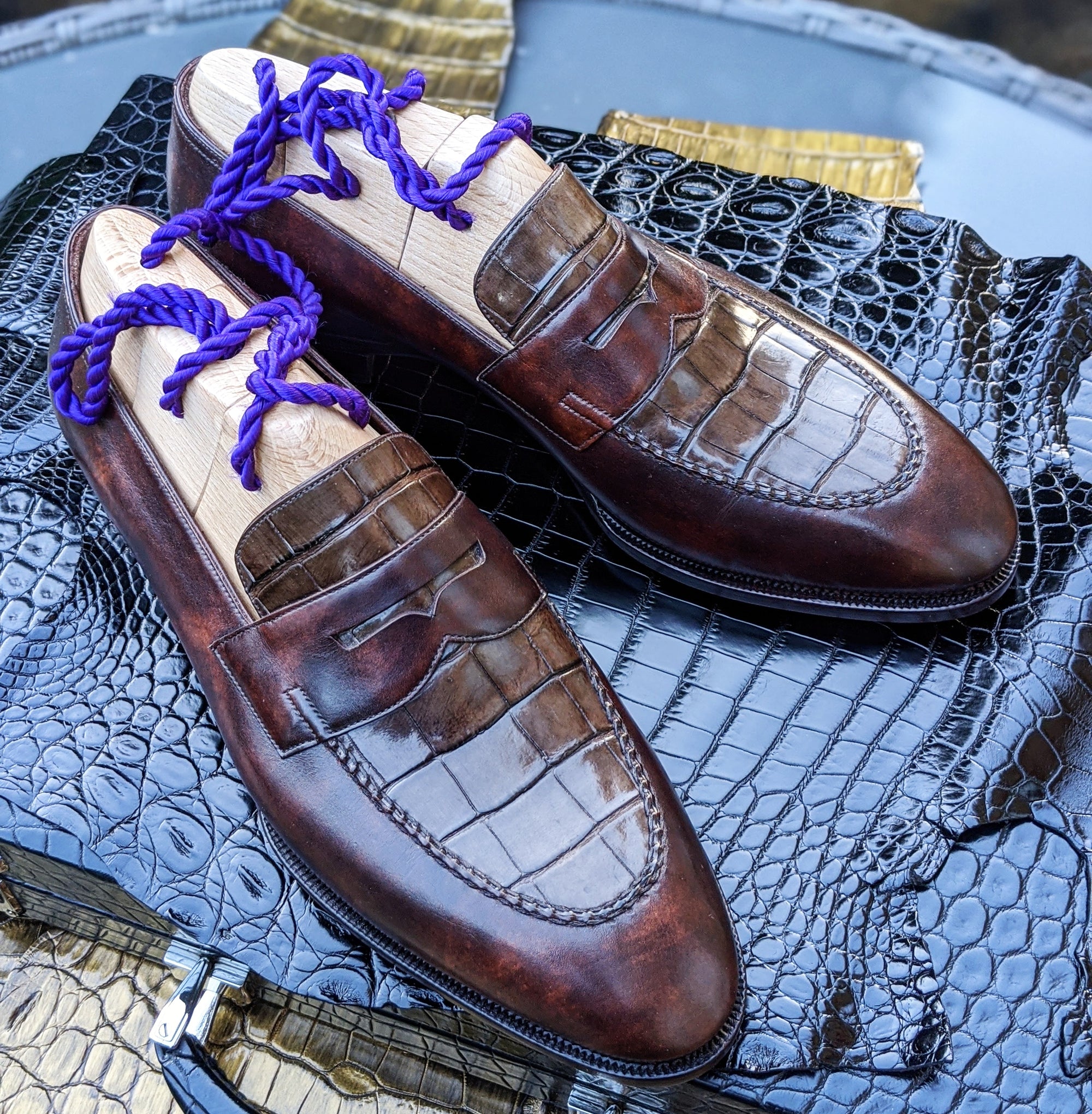 Ascot Sinatra - Caviar Brown Crocodile & Brown Museum Calf - Ascot Shoes