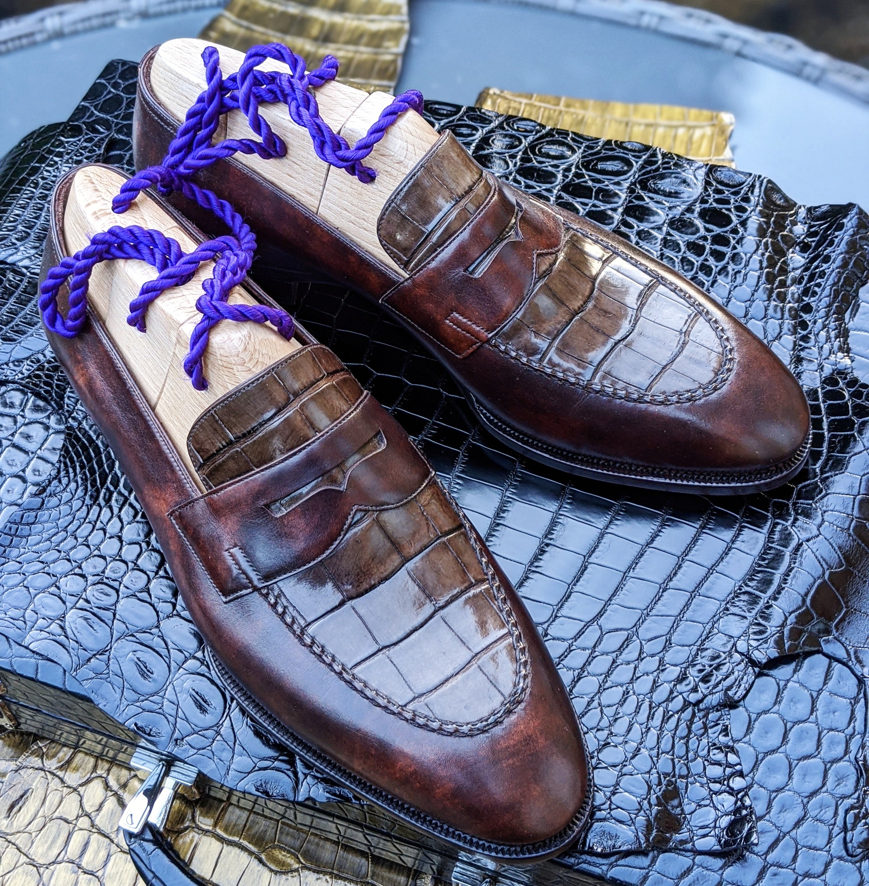 Ascot Sinatra - Caviar Brown Crocodile & Brown Museum Calf - Ascot Shoes
