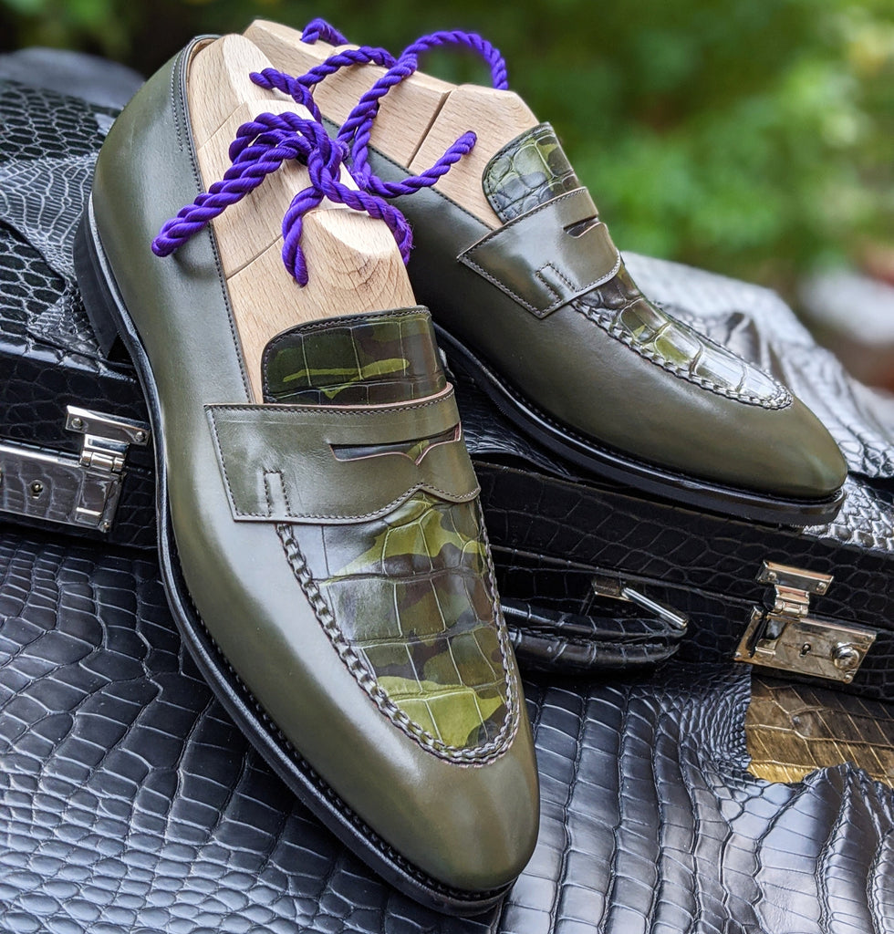 Ascot Sinatra - Olive Green Calf & Green Camouflage Alligator - Ascot Shoes