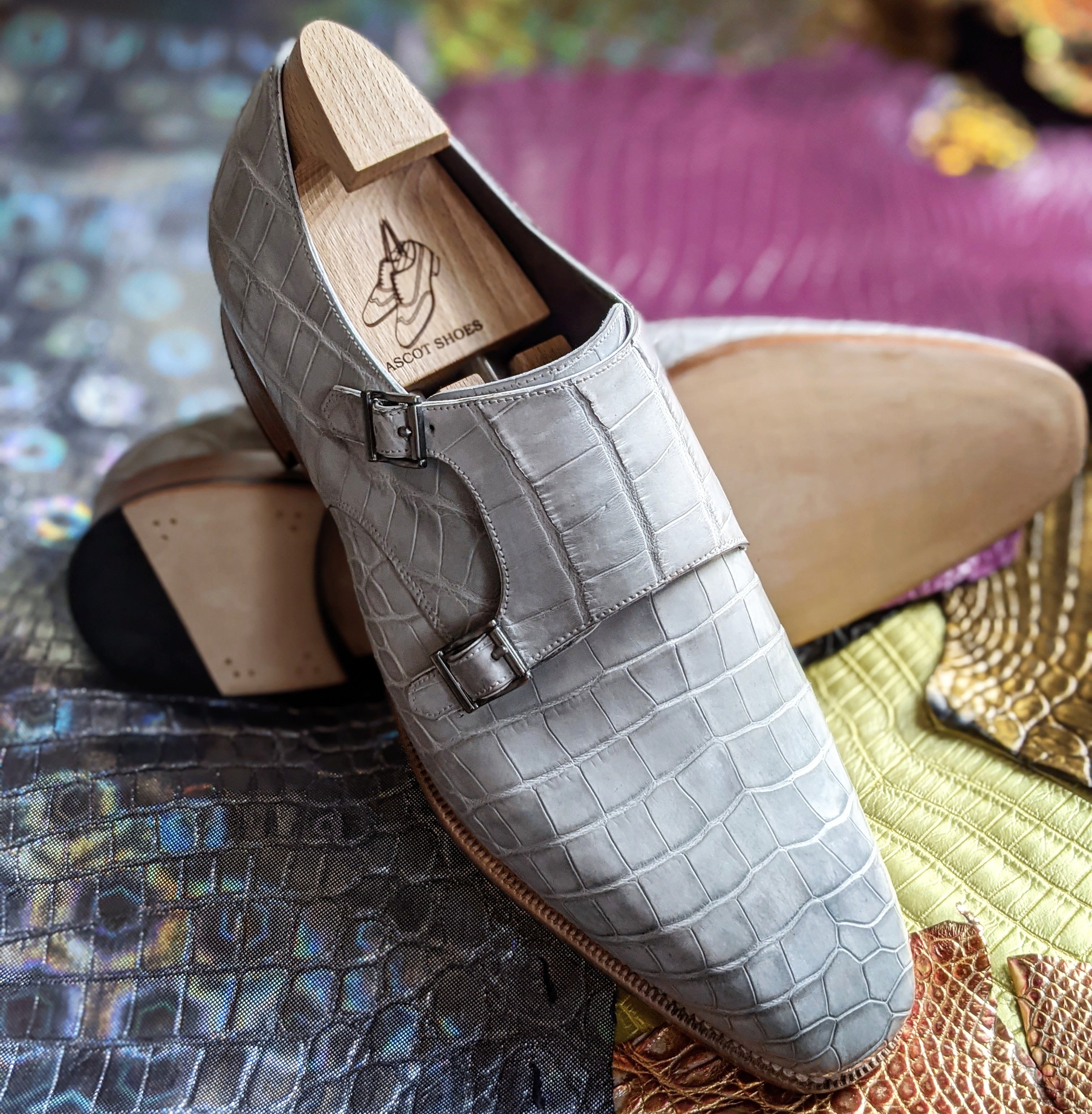Ascot Double Monk - Light Grey Alligator - Ascot Shoes