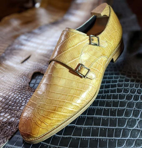 Ascot Double Monk -  Yellow Champagne Crocodile