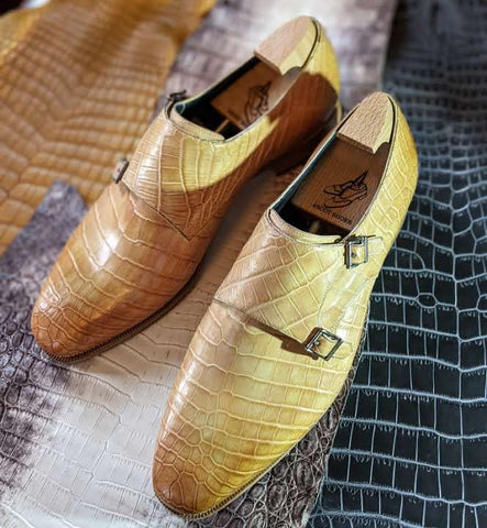 Ascot Double Monk -  Yellow Champagne Crocodile