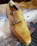 Ascot Double Monk - Yellow Champagne Crocodile - Ascot Shoes