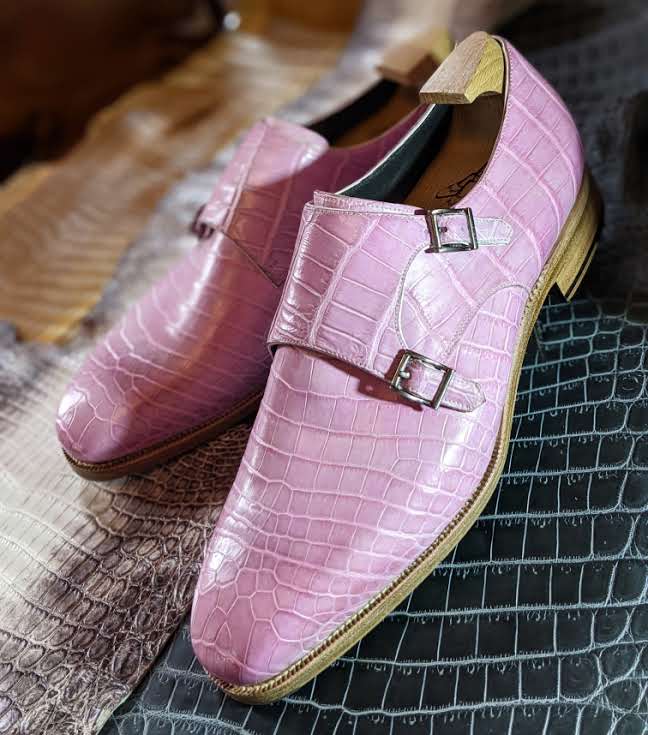 Ascot Double Monk - Soft Pink Crocodile - Ascot Shoes