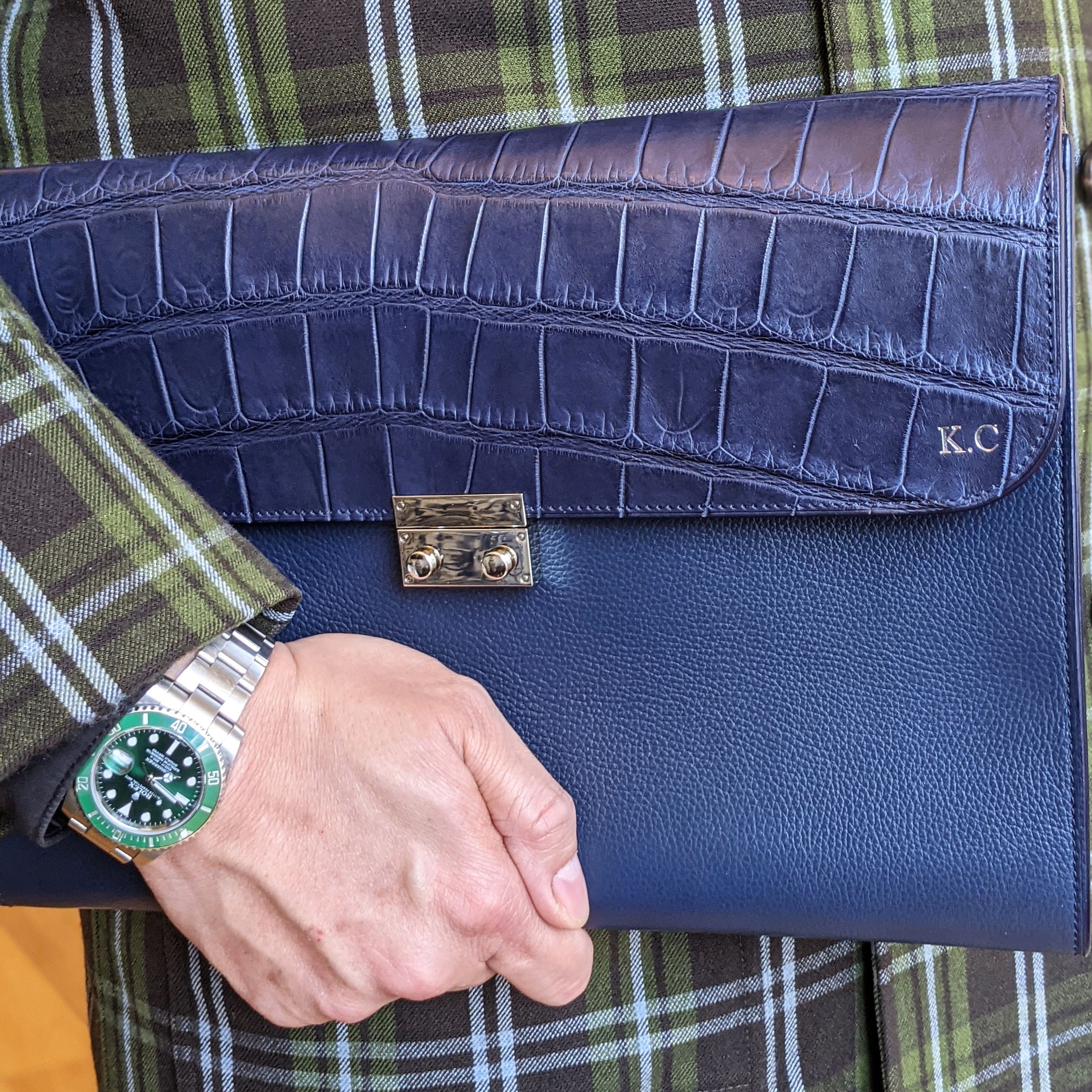 Laptop Case - Navy Blue Crocodile & Navy Blue Togo Leather - Ascot Shoes