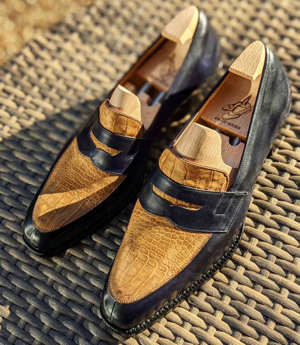 Ascot Sinatra - Tan Nubuck Alligator & Navy Calf - Ascot Shoes
