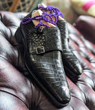 Ascot Double Monk - Black Crocodile - Ascot Shoes