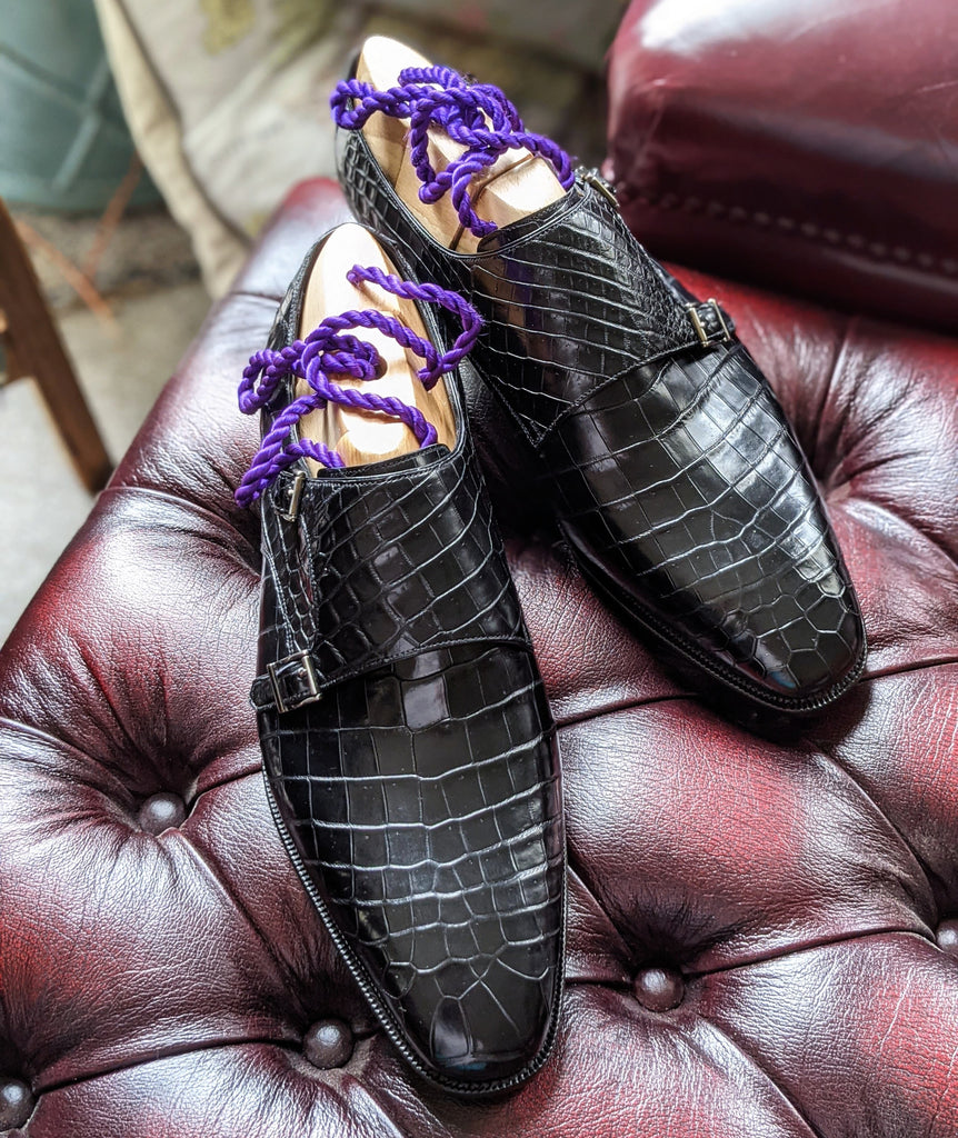 Ascot Double Monk - Black Crocodile - Ascot Shoes