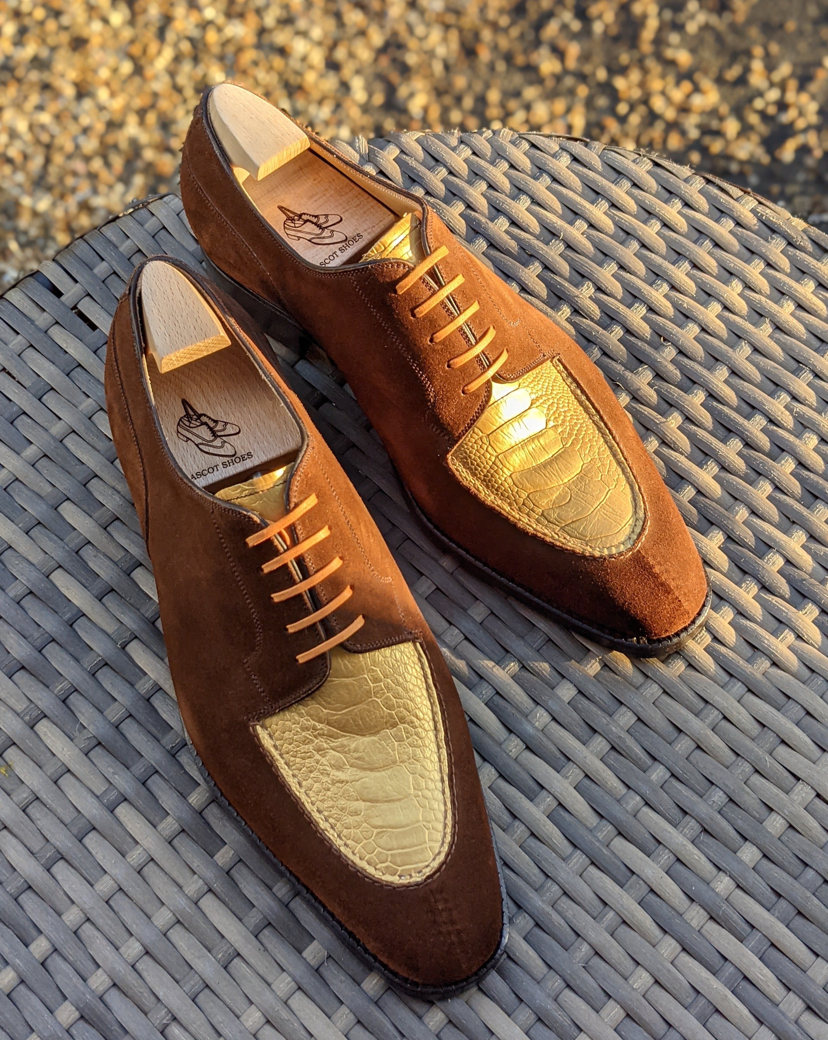 Ascot Kaan - Gold Ostrich & Tan Suede, UK 8, U last - Ascot Shoes