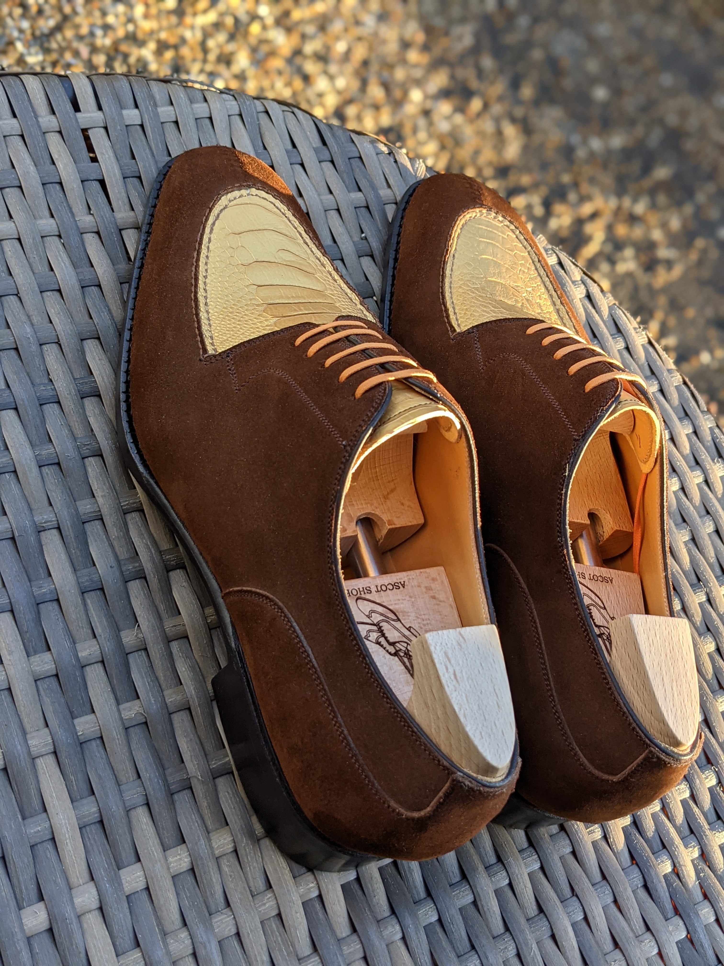 Ascot Kaan - Gold Ostrich & Tan Suede, UK 8, U last - Ascot Shoes