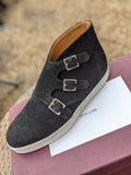 John Lobb - Howell Triple Monks - Black Suede and white sole - UK6.5 - E fitting - Ascot Shoes