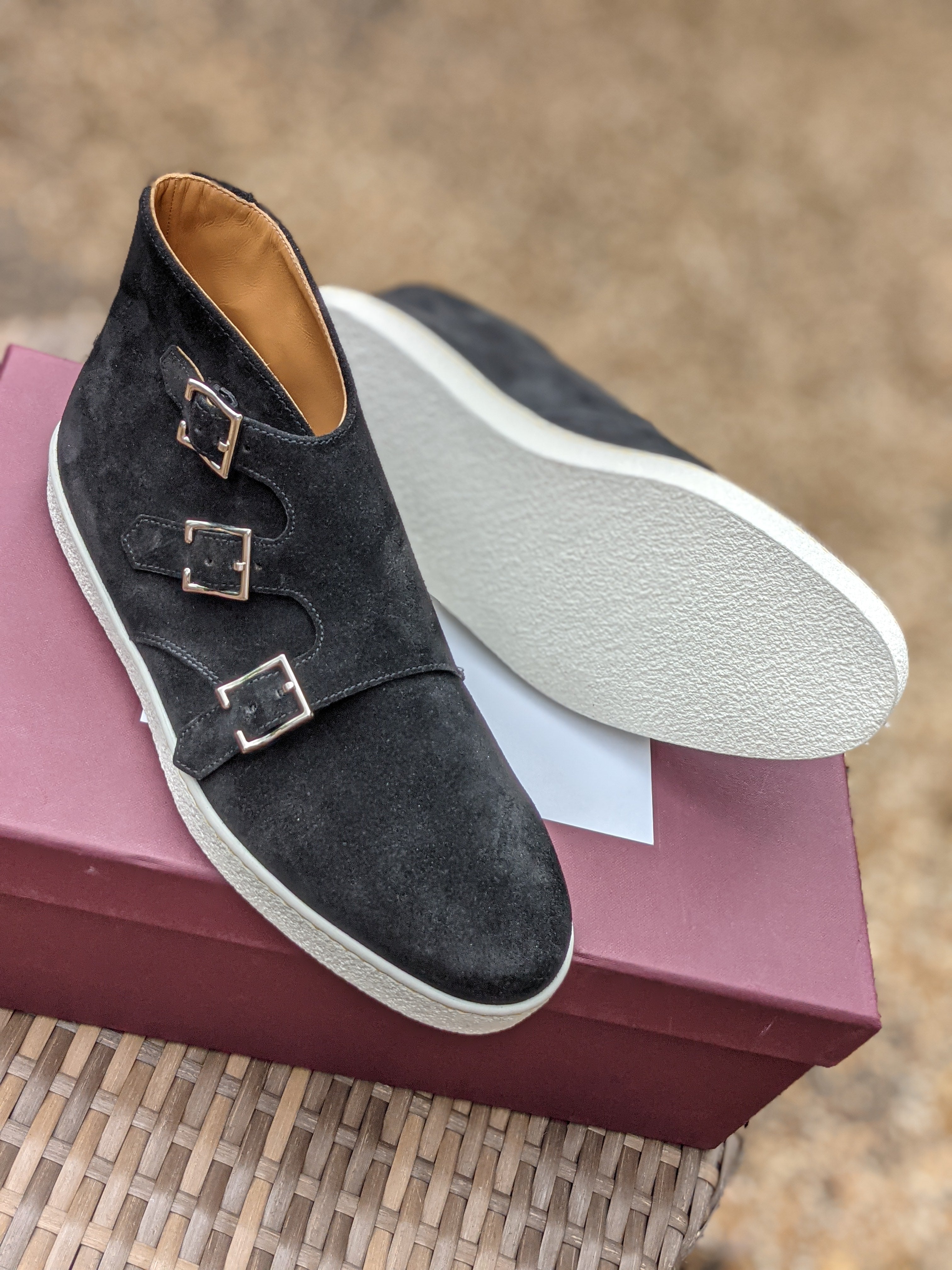 John Lobb - Howell Triple Monks - Black Suede and white sole - UK6.5 - E fitting - Ascot Shoes
