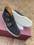 John Lobb - Howell Triple Monks - Black Suede and white sole - UK6.5 - E fitting - Ascot Shoes