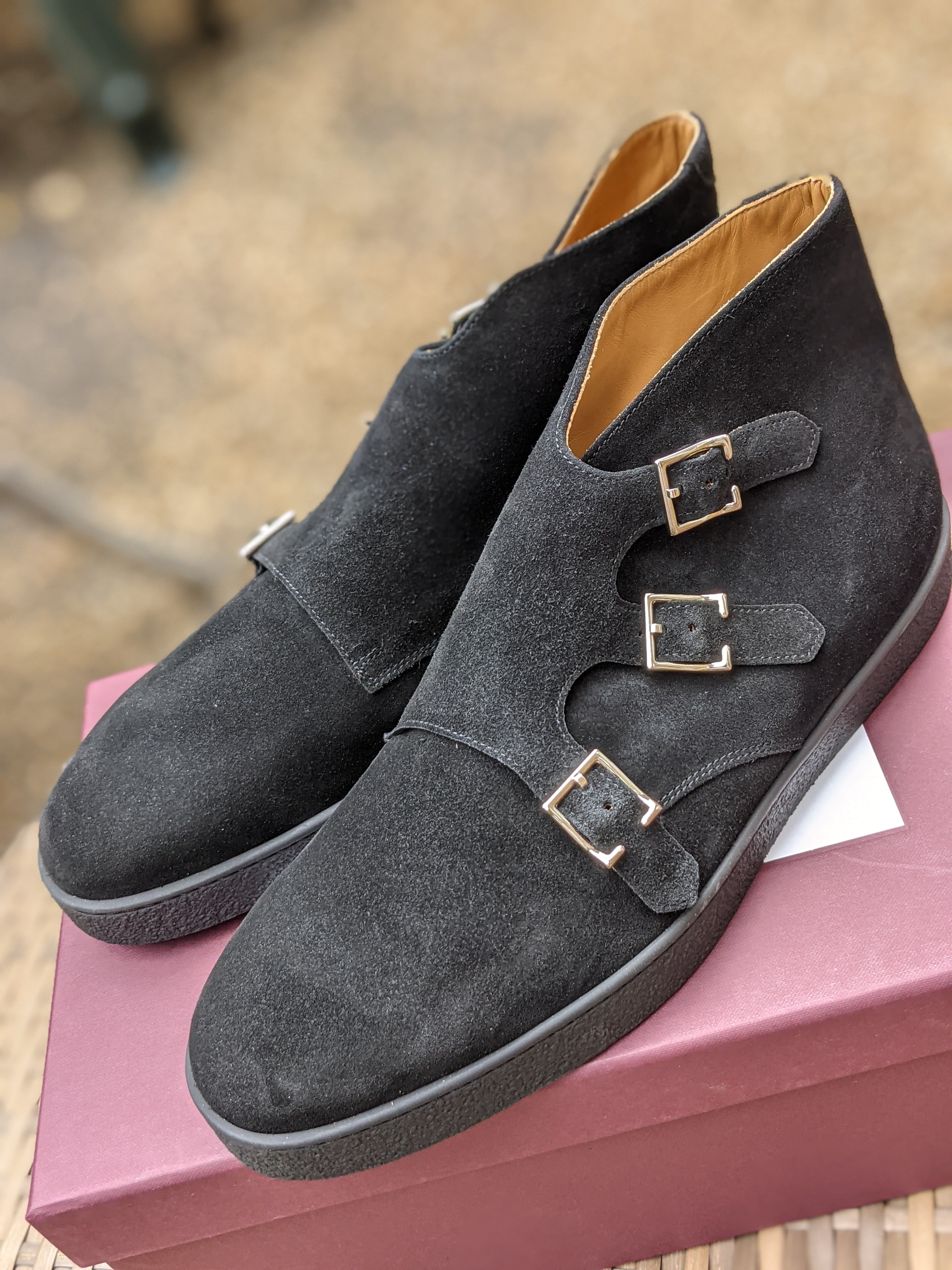 John Lobb - Howell Triple Monks - Black Suede and Black sole - UK10 - E fitting - Ascot Shoes