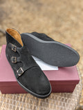 John Lobb - Howell Triple Monks - Black Suede and Black sole - UK10 - E fitting - Ascot Shoes