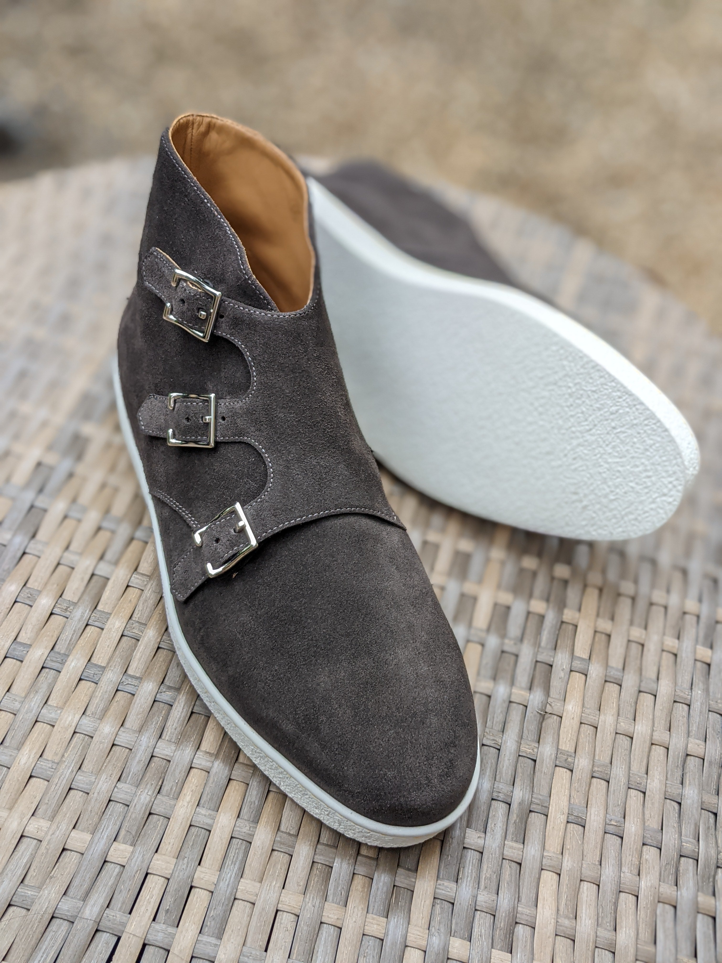 John Lobb - Howell Triple Monks - Grey Suede and white sole - UK10.5 - E fitting - Ascot Shoes