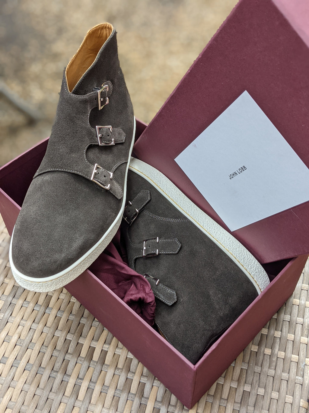 John Lobb - Howell Triple Monks - Grey Suede and white sole - UK10.5 - E fitting - Ascot Shoes