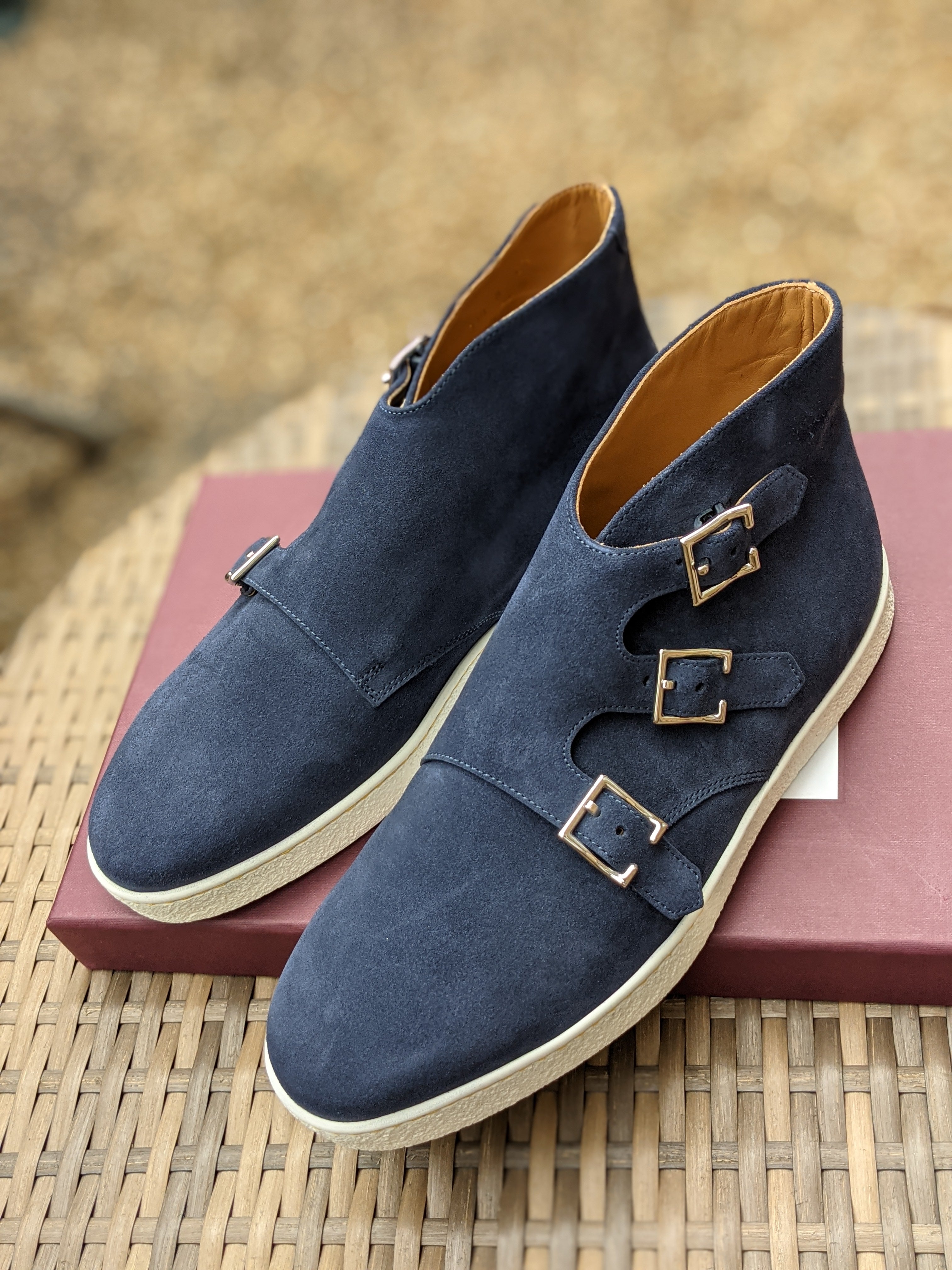 John Lobb - Howell Triple Monks - Blue Suede and White Sole - E fitting - Originally £995 - Ascot Shoes