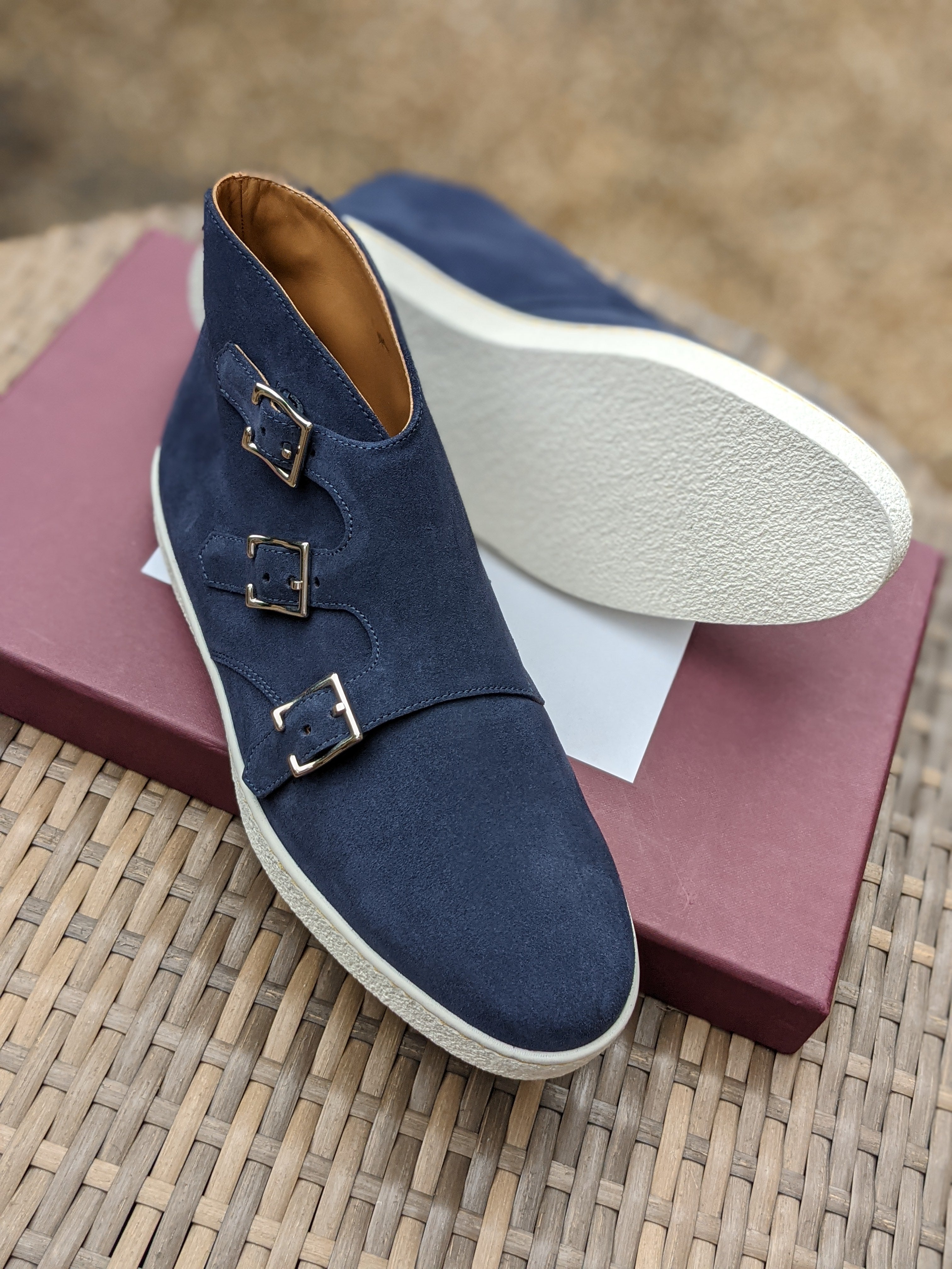 John Lobb - Howell Triple Monks - Blue Suede and White Sole - E fitting - Originally £995 - Ascot Shoes