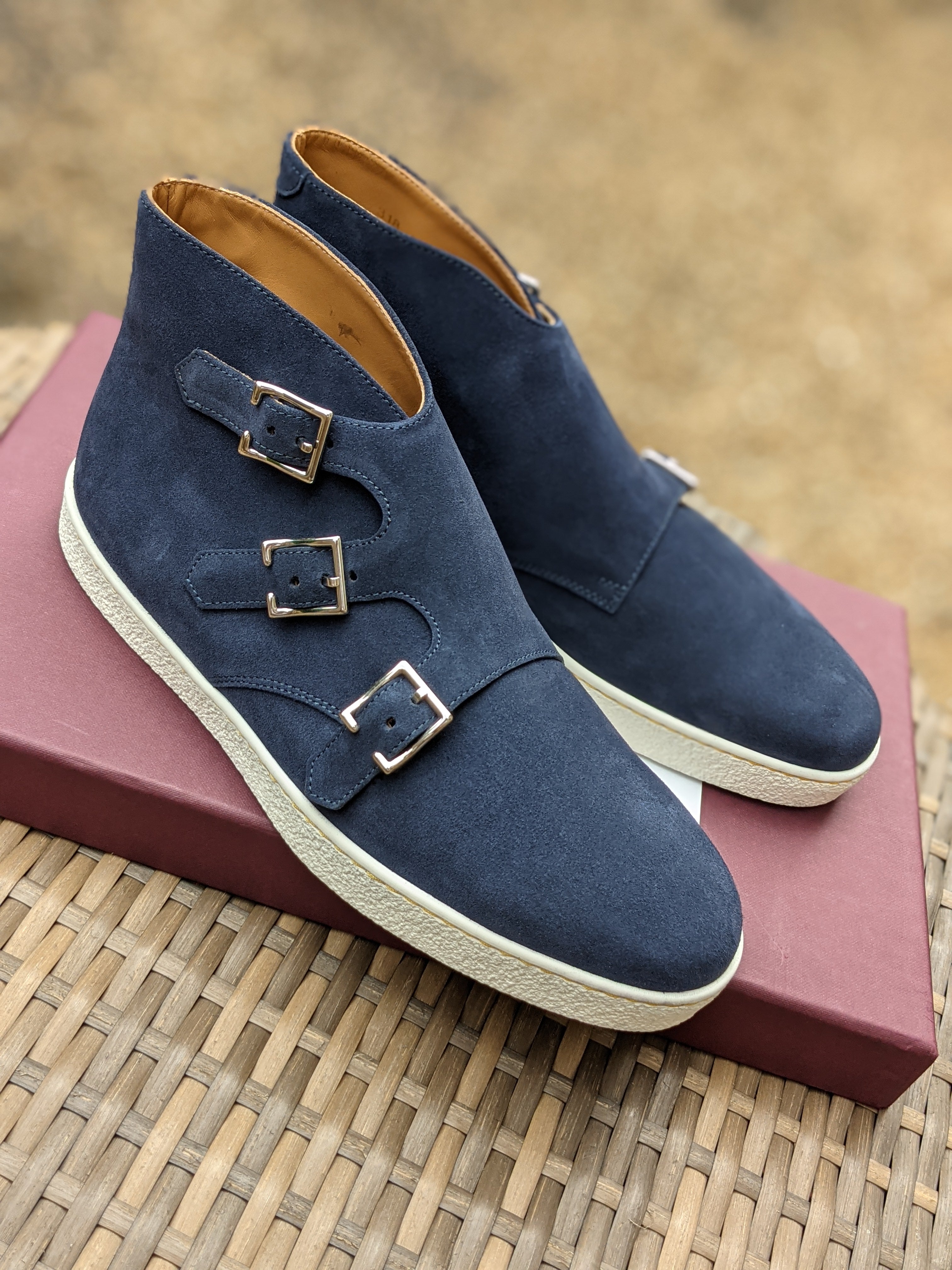 John Lobb - Howell Triple Monks - Blue Suede and White Sole - E fitting - Originally £995 - Ascot Shoes