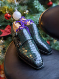 Ascot Double Monk - Emerald Green Crocodile - Ascot Shoes