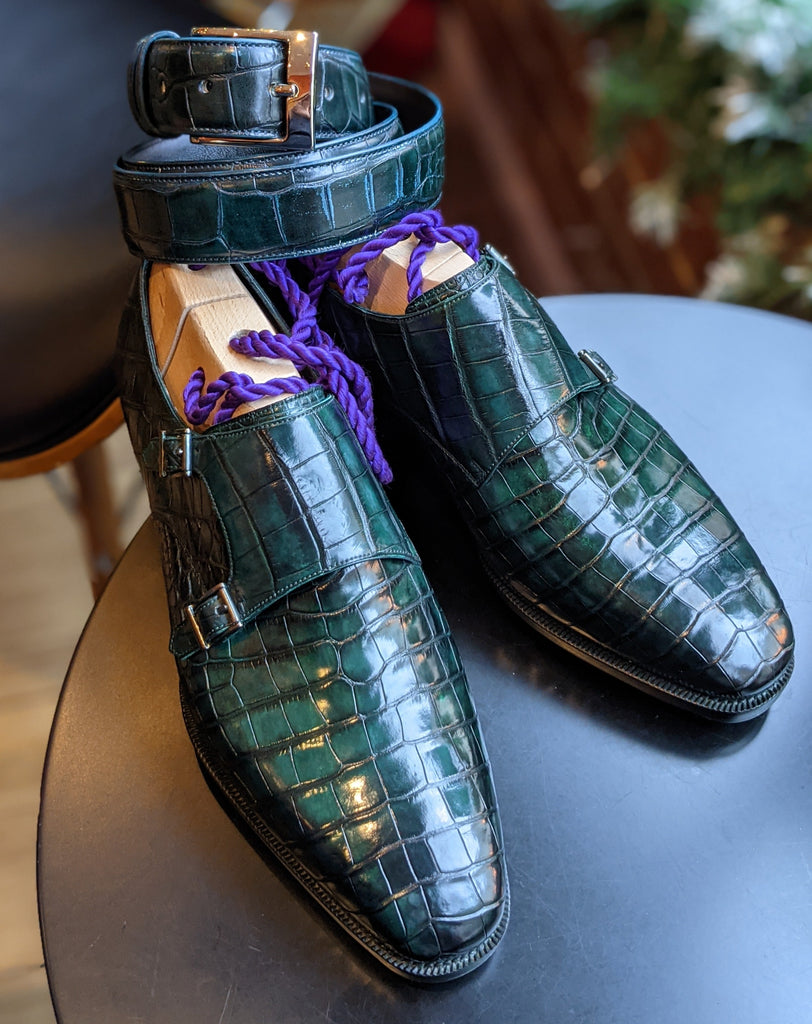 Ascot Double Monk - Emerald Green Crocodile - Ascot Shoes