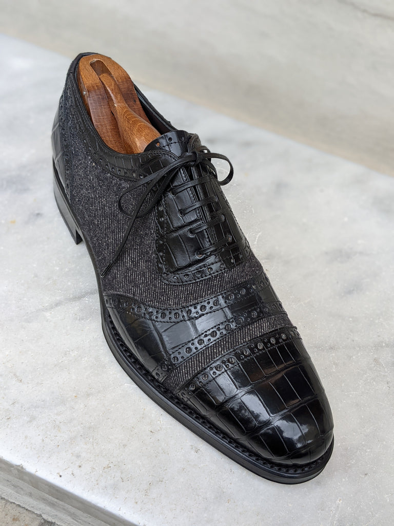 Ascot Pitti - Black Crocodile & Canvas - Ascot Shoes