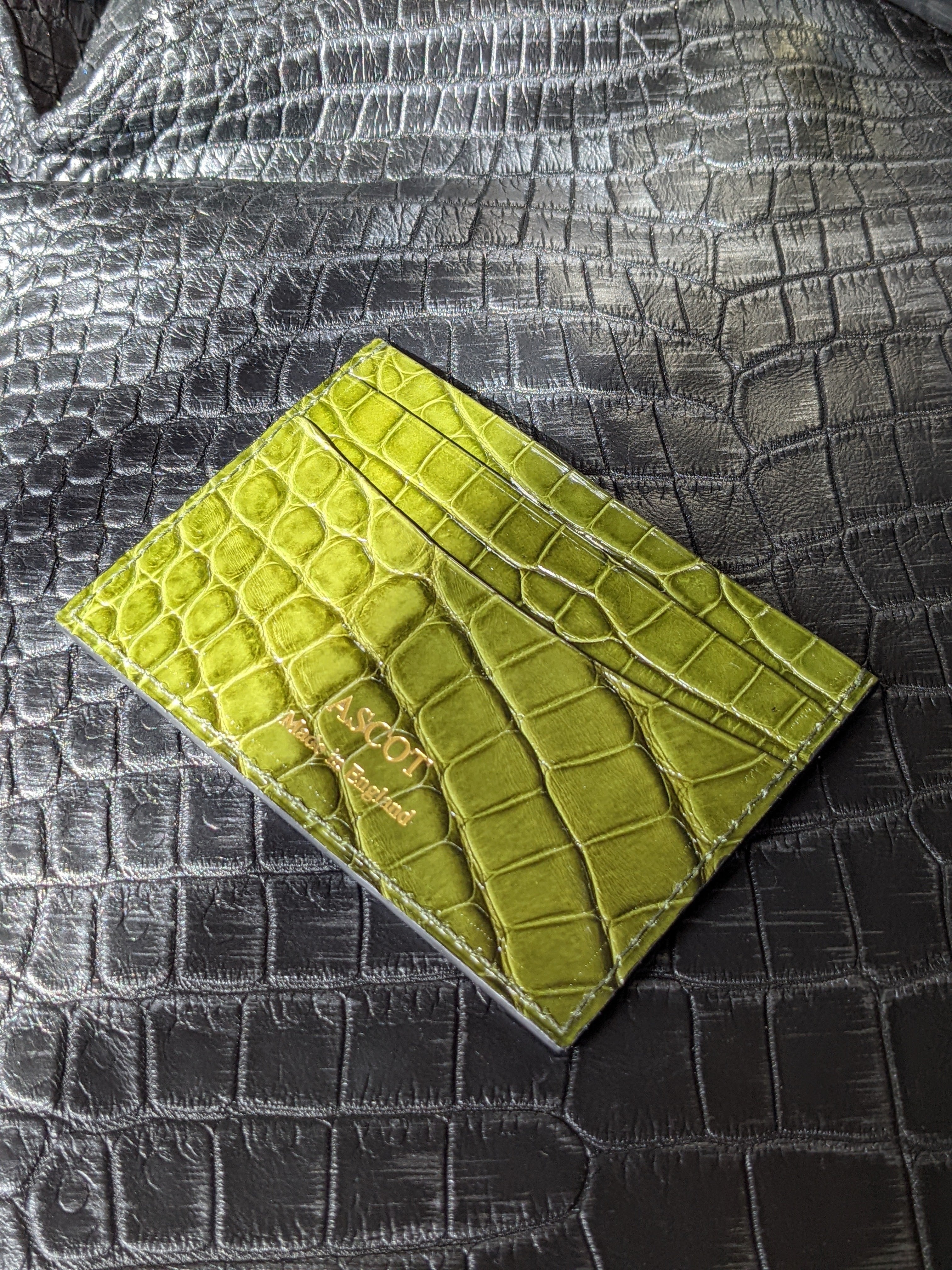 Credit Card Slip - Olive Green Alligator - Ascot Shoes