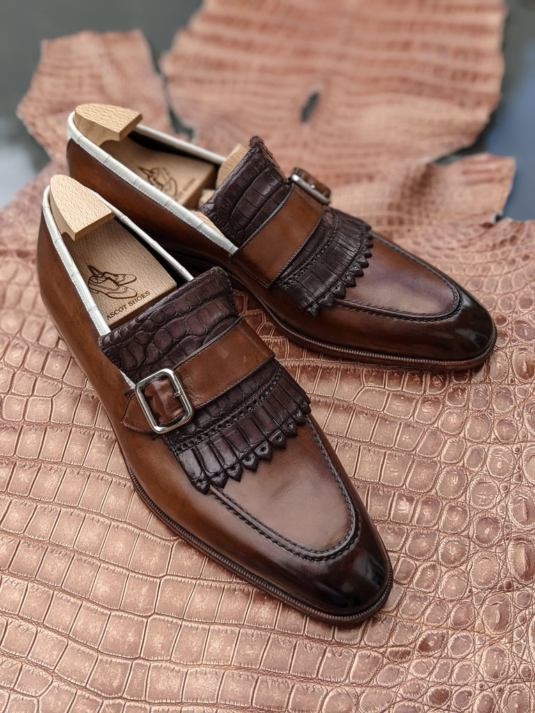 Ascot Golf Tassel Loafers - Brown Crocodile & Calf - Ascot Shoes