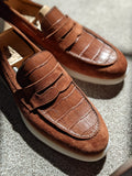 Ascot Classic Loafers - Tan Crocodile & Suede - Ascot Shoes