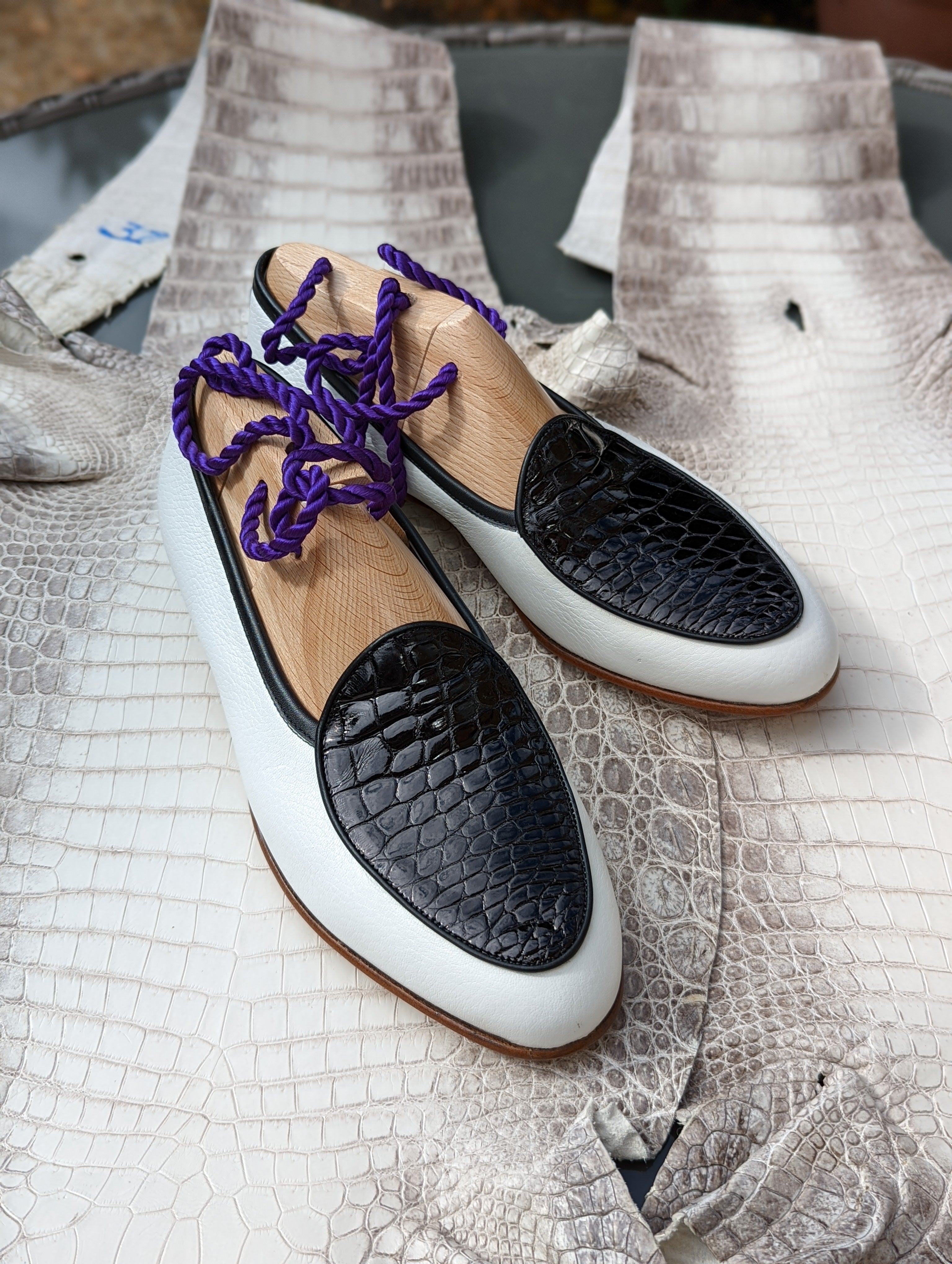 Belgian Loafer - Black crocodile & White Deer - Ascot Shoes