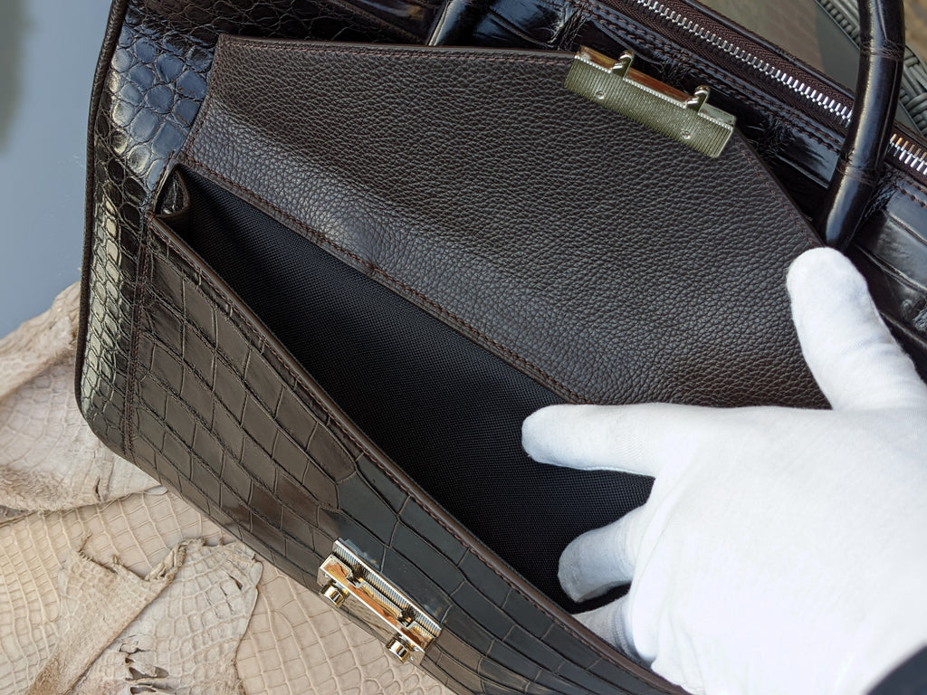Bespoke Briefcase - Dark Chocolate Millennium Finish Crocodile - Ascot Shoes