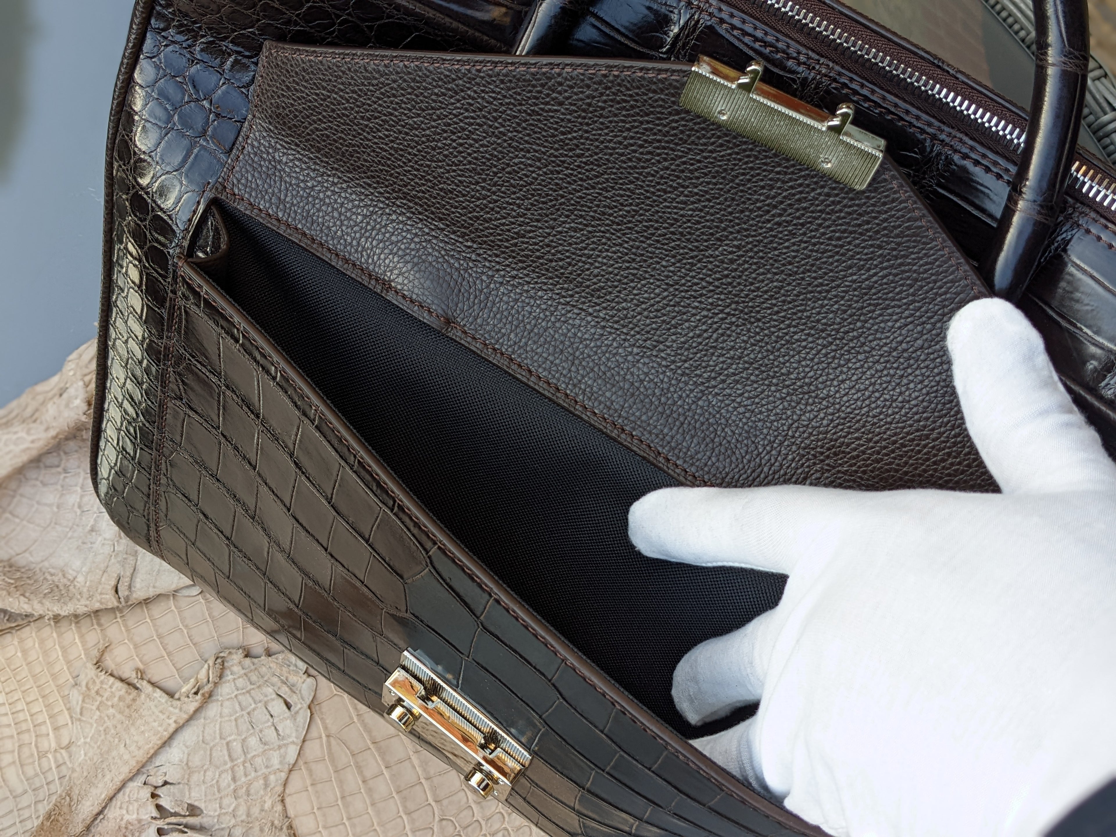 Bespoke Briefcase - Dark Chocolate Millennium Finish Crocodile - Ascot Shoes