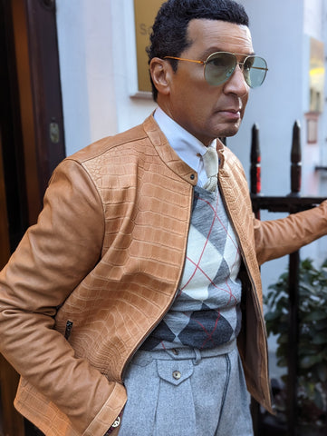 Ascot Biker Jacket -  Camel Nubuck Crocodile