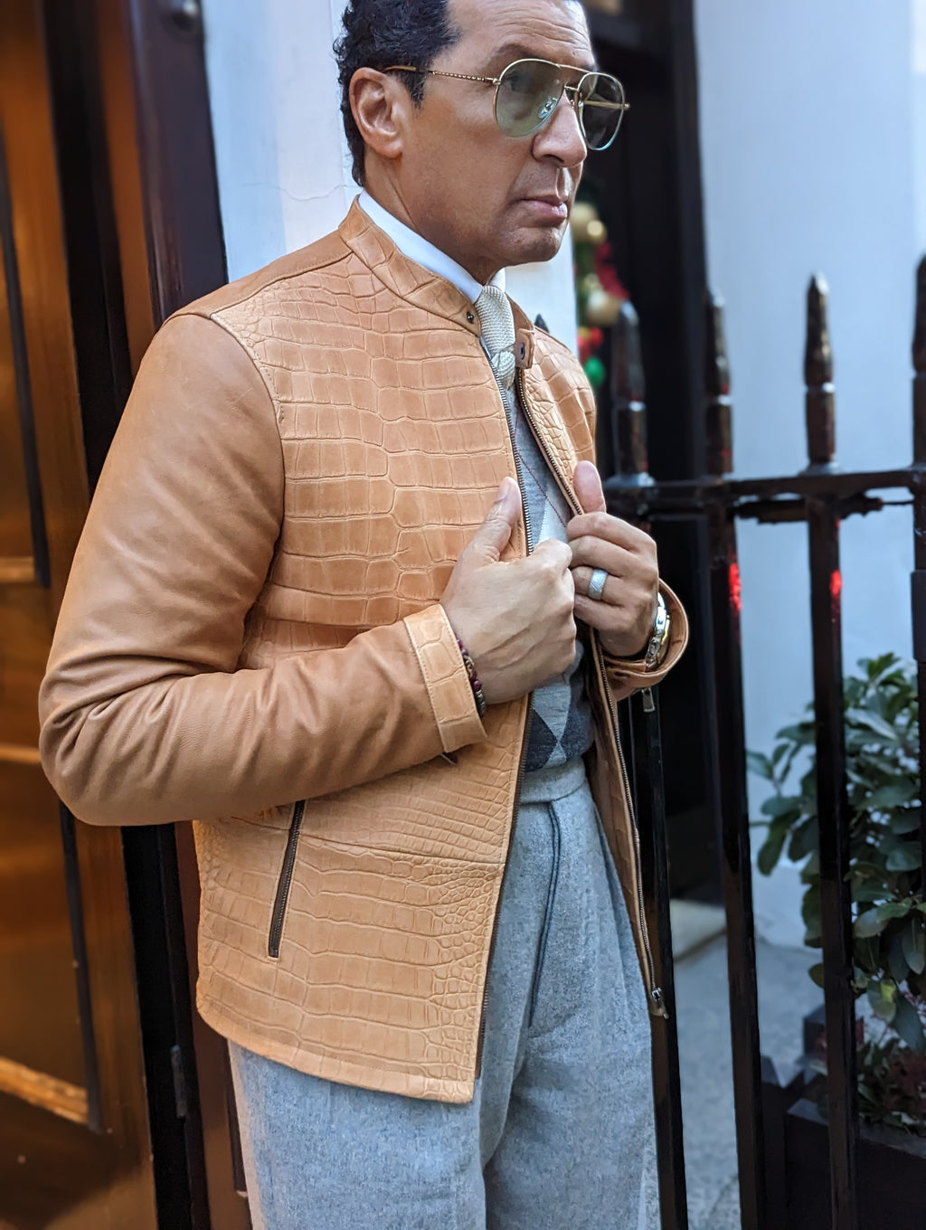 Ascot Biker Jacket - Camel Nubuck Crocodile - Ascot Shoes