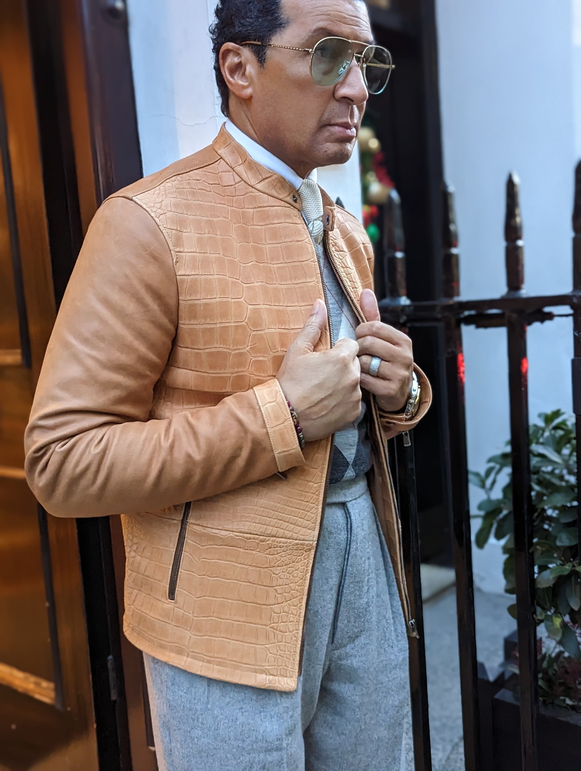Ascot Biker Jacket - Camel Nubuck Crocodile - Ascot Shoes