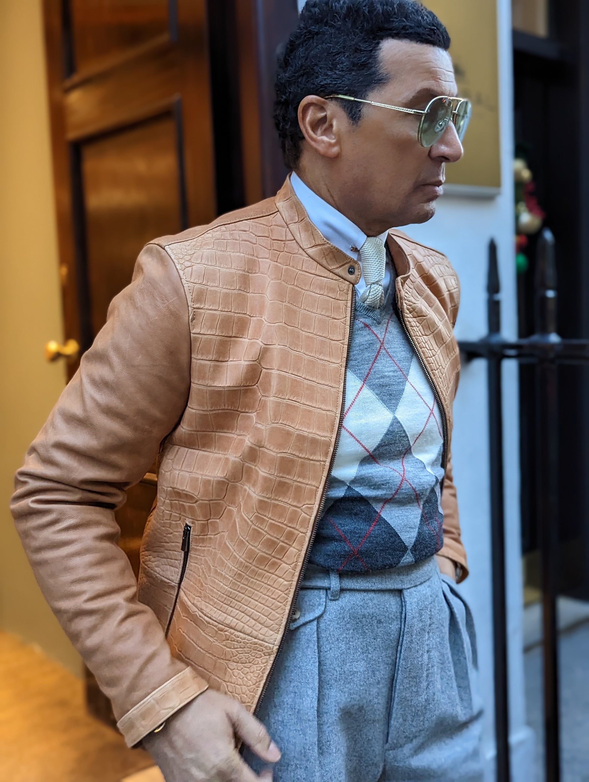 Ascot Biker Jacket - Camel Nubuck Crocodile - Ascot Shoes