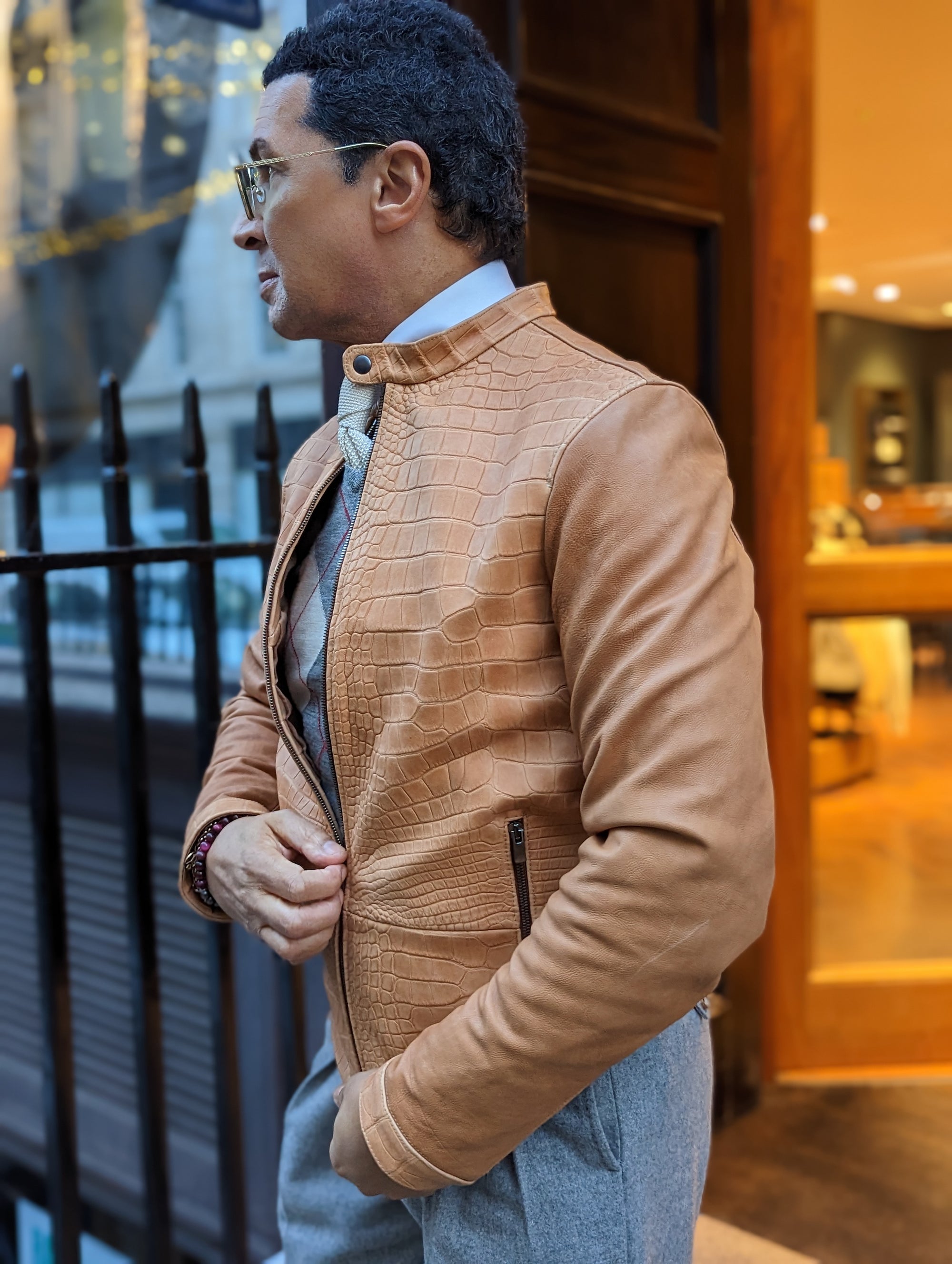 Ascot Biker Jacket - Camel Nubuck Crocodile - Ascot Shoes