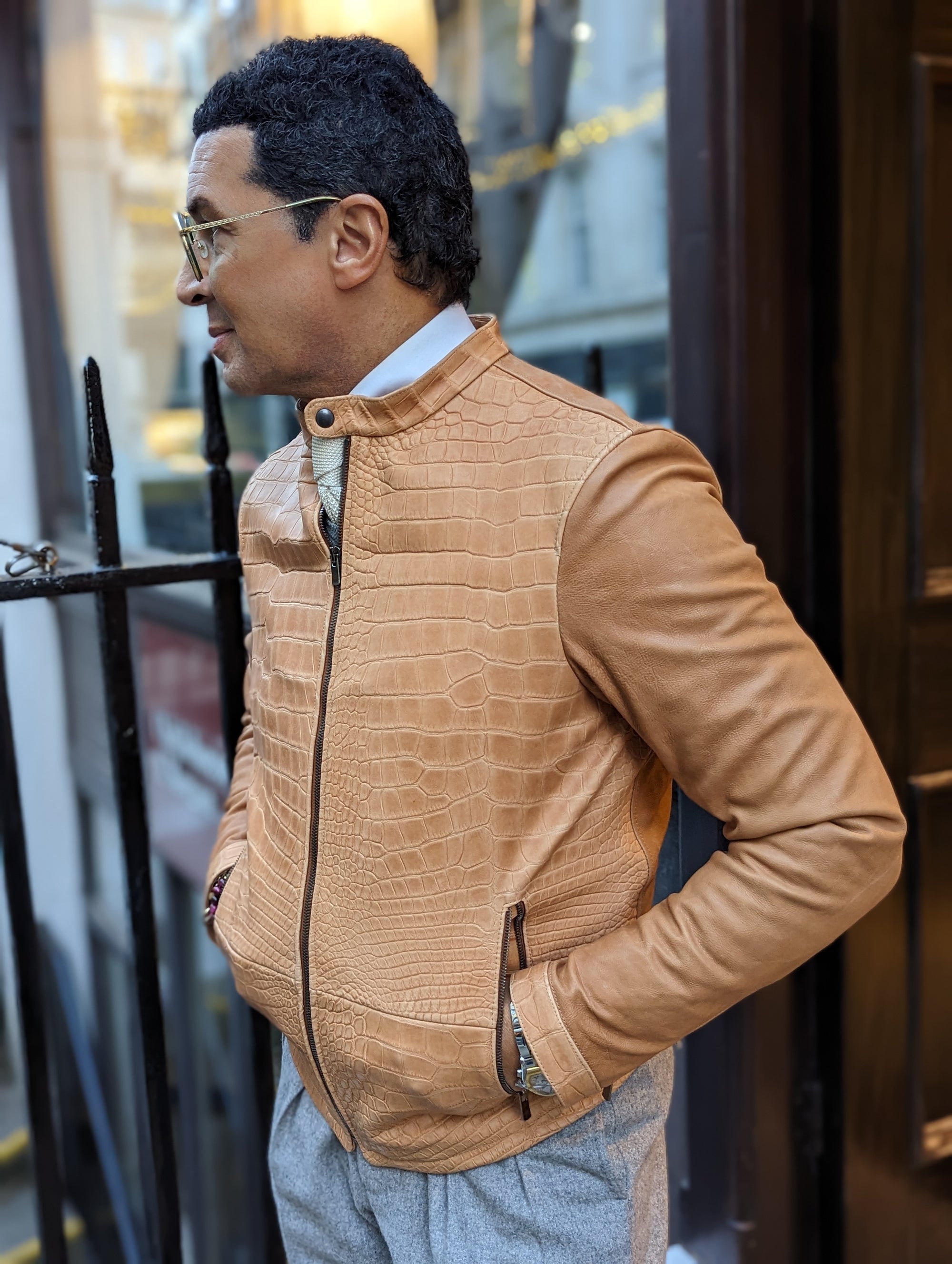 Ascot Biker Jacket - Camel Nubuck Crocodile - Ascot Shoes