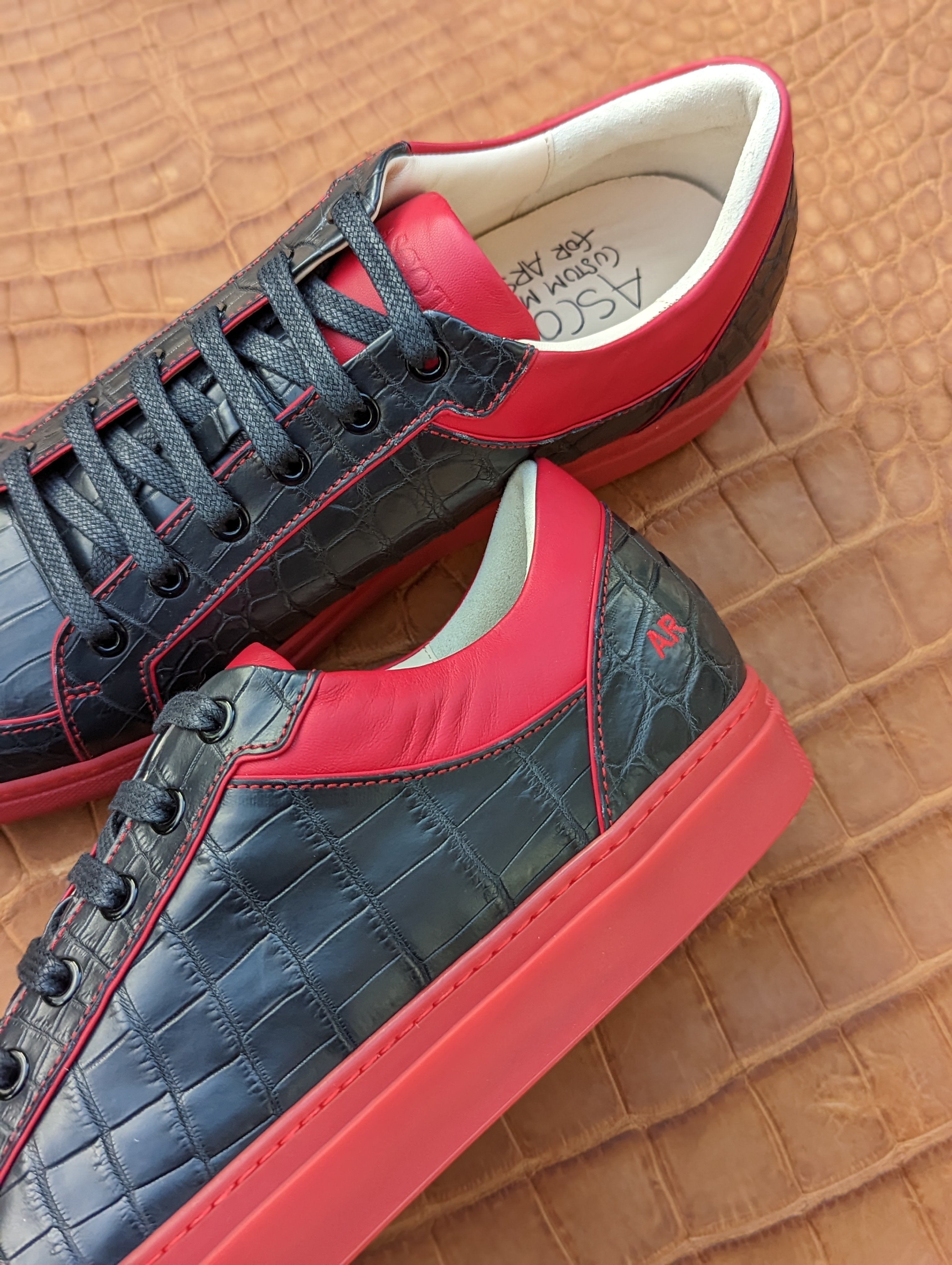 Ascot Sneakers - Black Crocodile with red details - Ascot Shoes