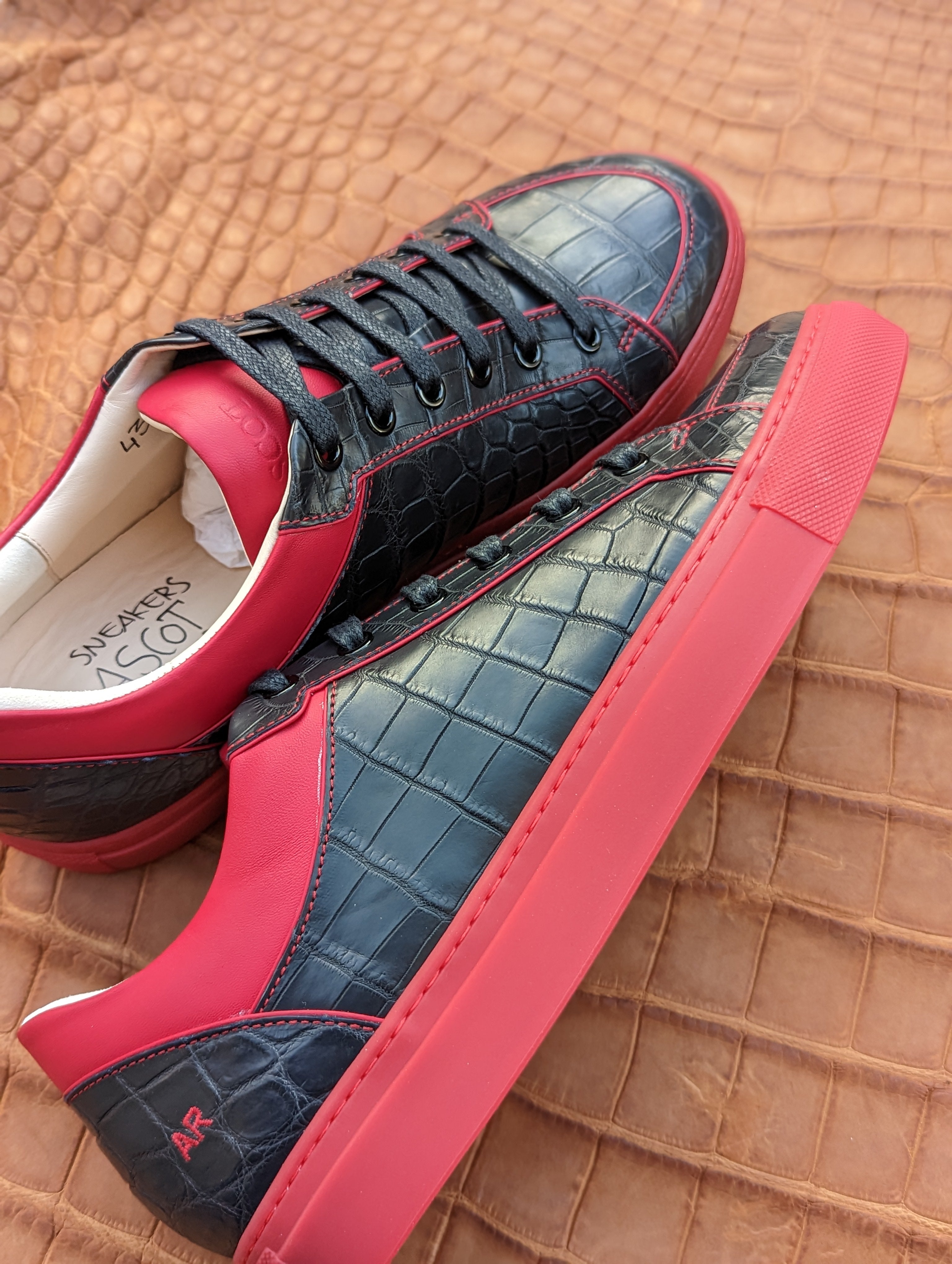Ascot Sneakers - Black Crocodile with red details - Ascot Shoes