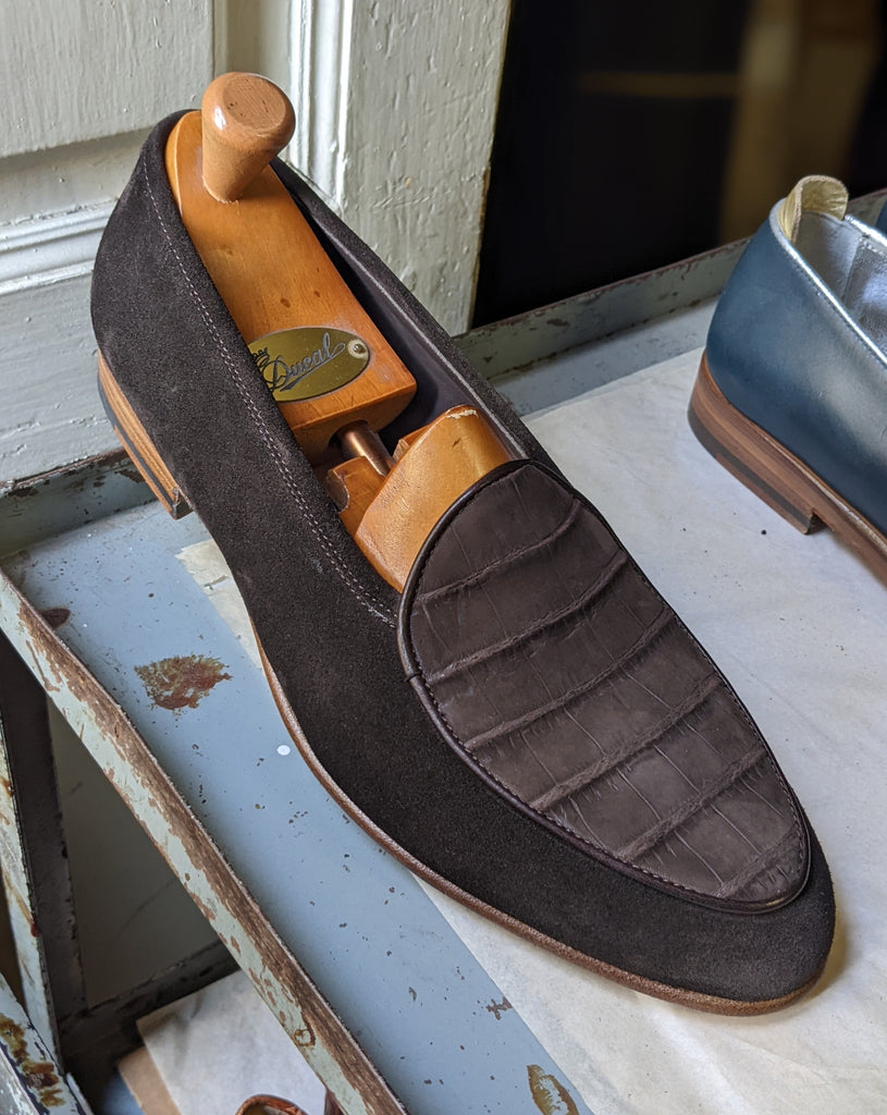 Belgian Loafer - Dark Brown Nubuck Crocodile & Suede - Ascot Shoes