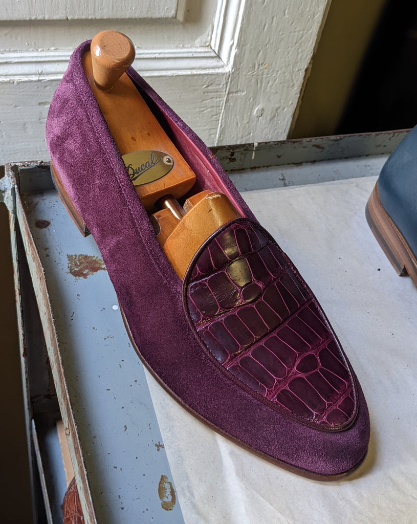 Belgian Loafer - Burgundy Crocodile & Suede - Ascot Shoes