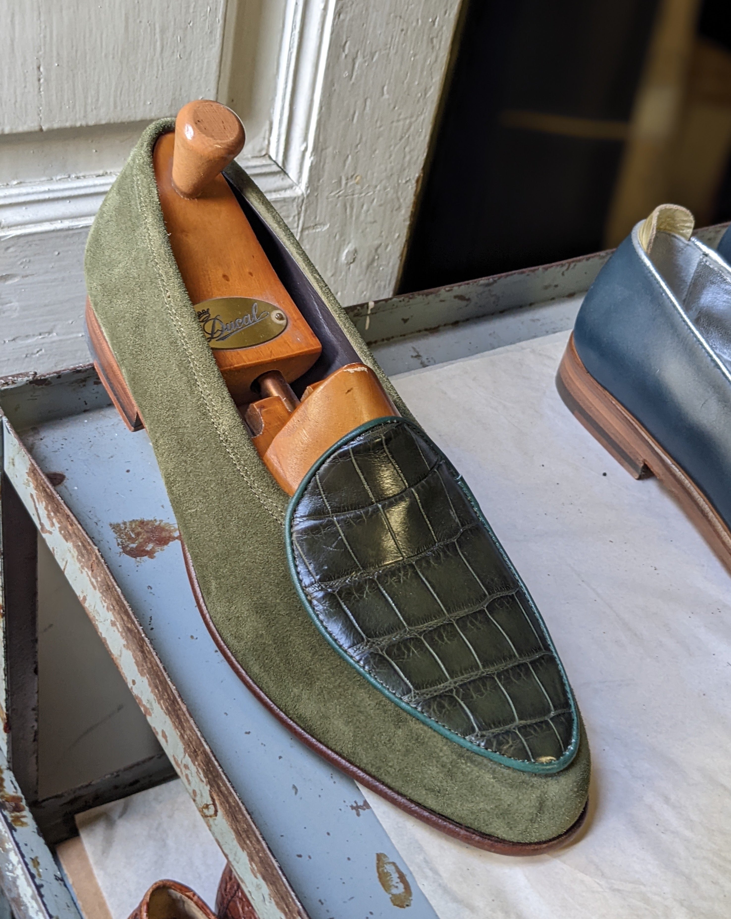 Belgian Loafer - Dark Green Crocodile & Olive Green Suede - Ascot Shoes