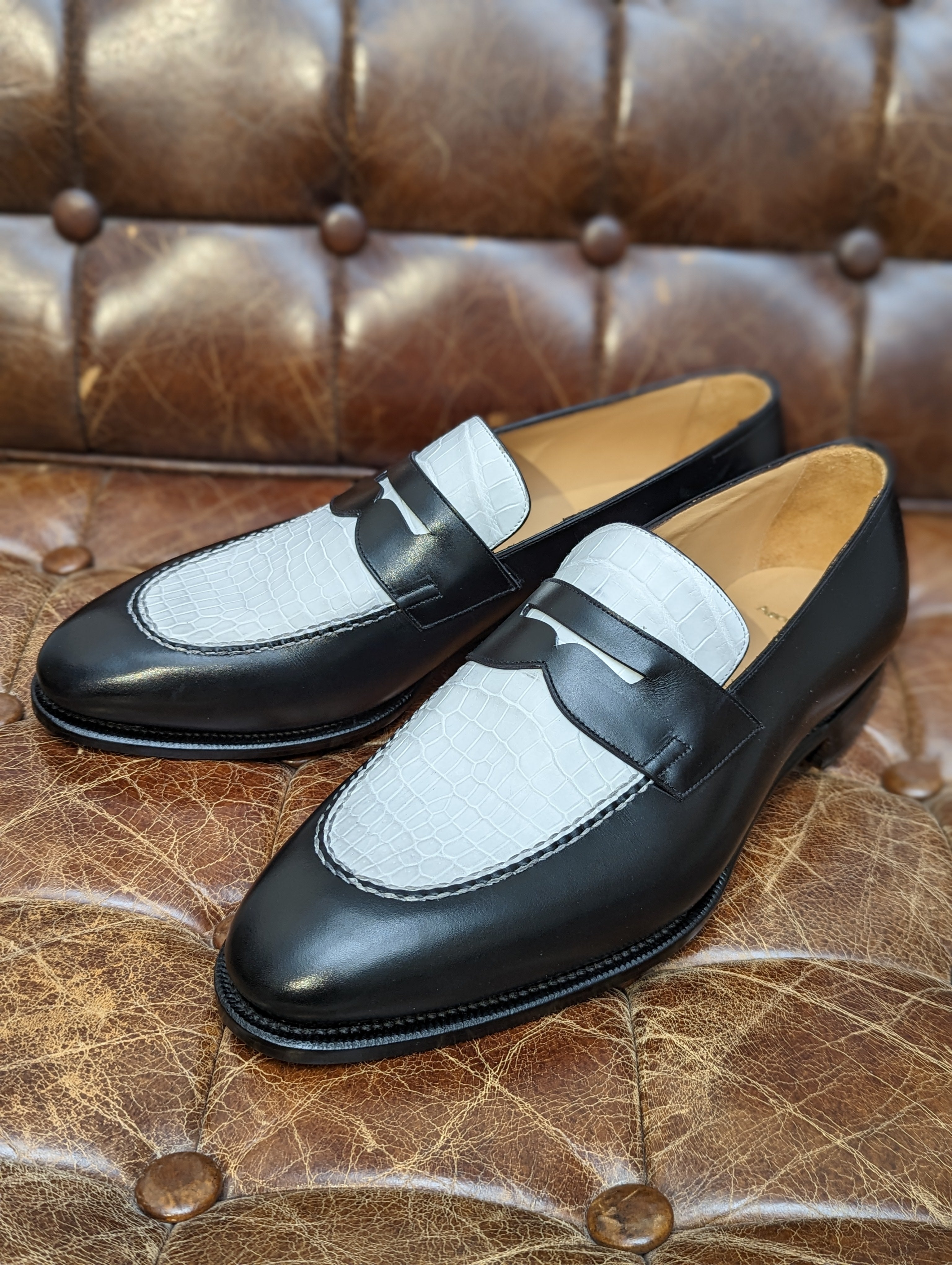 Ascot Sinatra - White Crocodile & Black Calf, UK 10.5 - Ascot Shoes