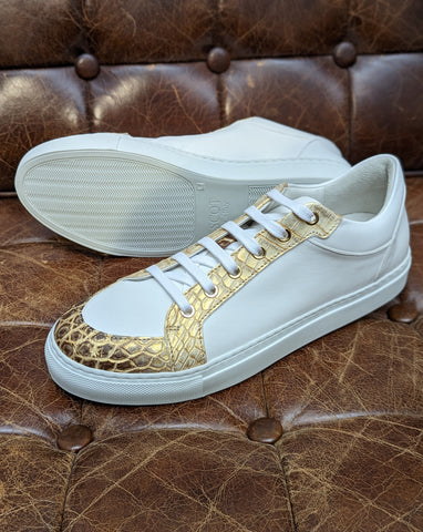 Ascot Sneaker - White Calf & Gold Crocodile, UK 8